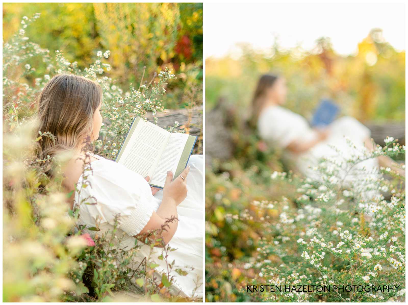 Senior girl in white dress reading a blue book in a field of wildflowers