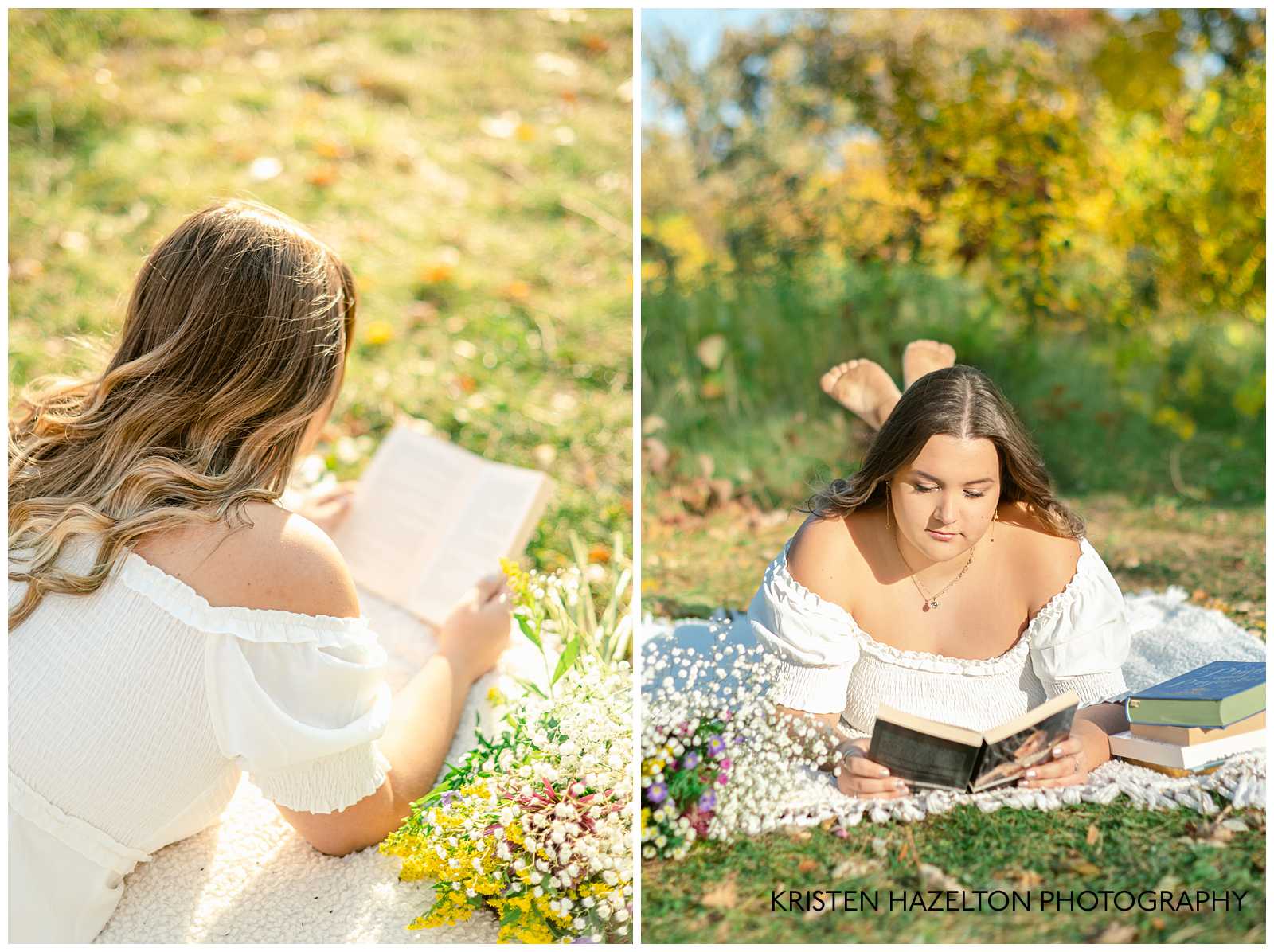 Bibliophile high school senior girl reading books on a blanket on the grass