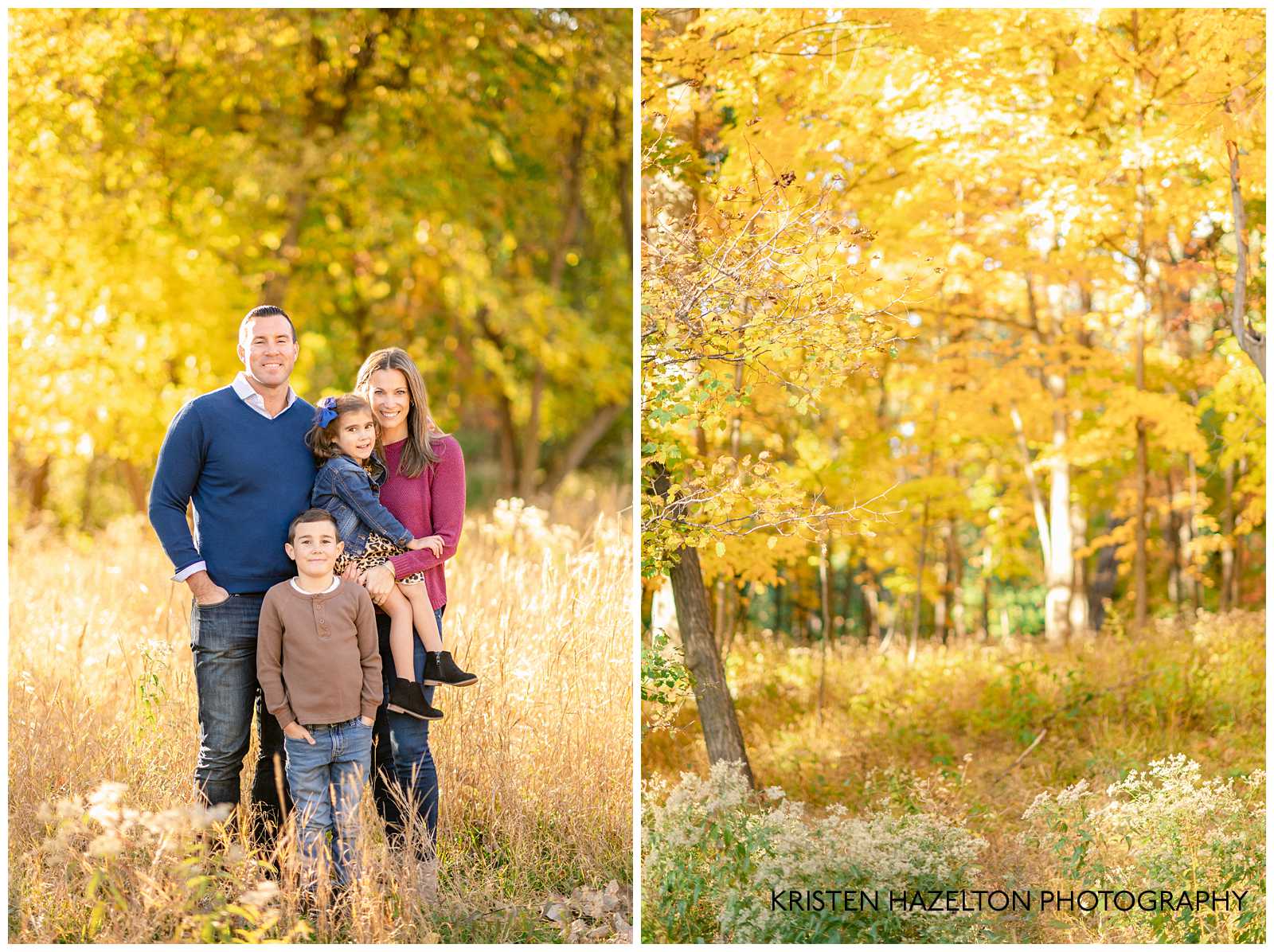 Family of four standing in a yellow grassy meadow with bright yellow leaves behind them. 