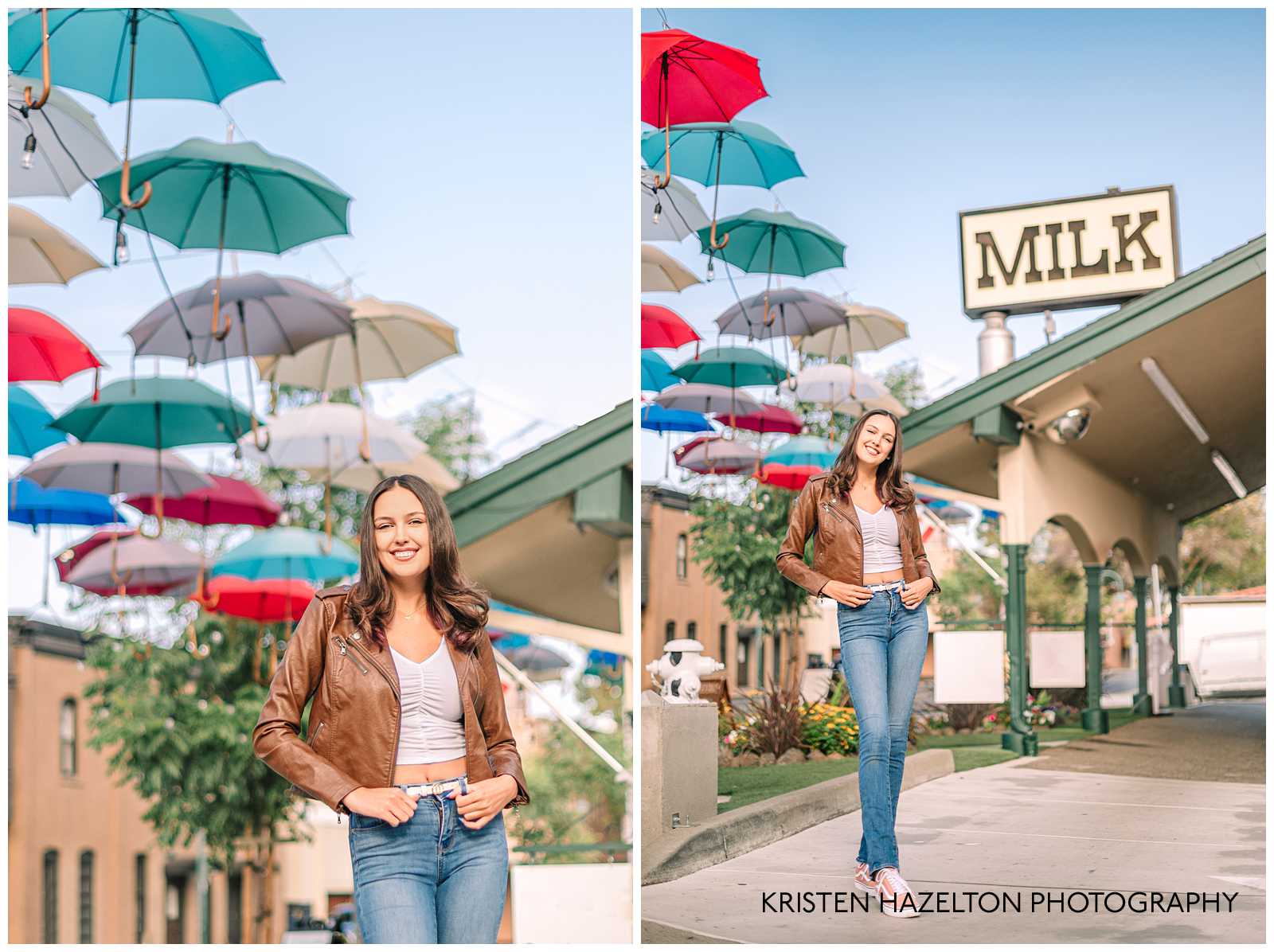 High school senior girl wearing a brown leather jacket and blue jeans standing outside the Meadowlark Dairy drive-through in Pleasanton, CA