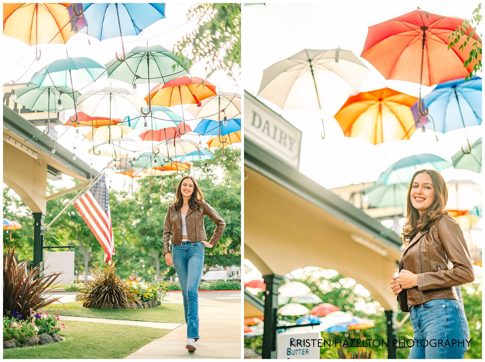 High school senior girl in brown leather jacket and blue jeans standing under colorful umbrellas
