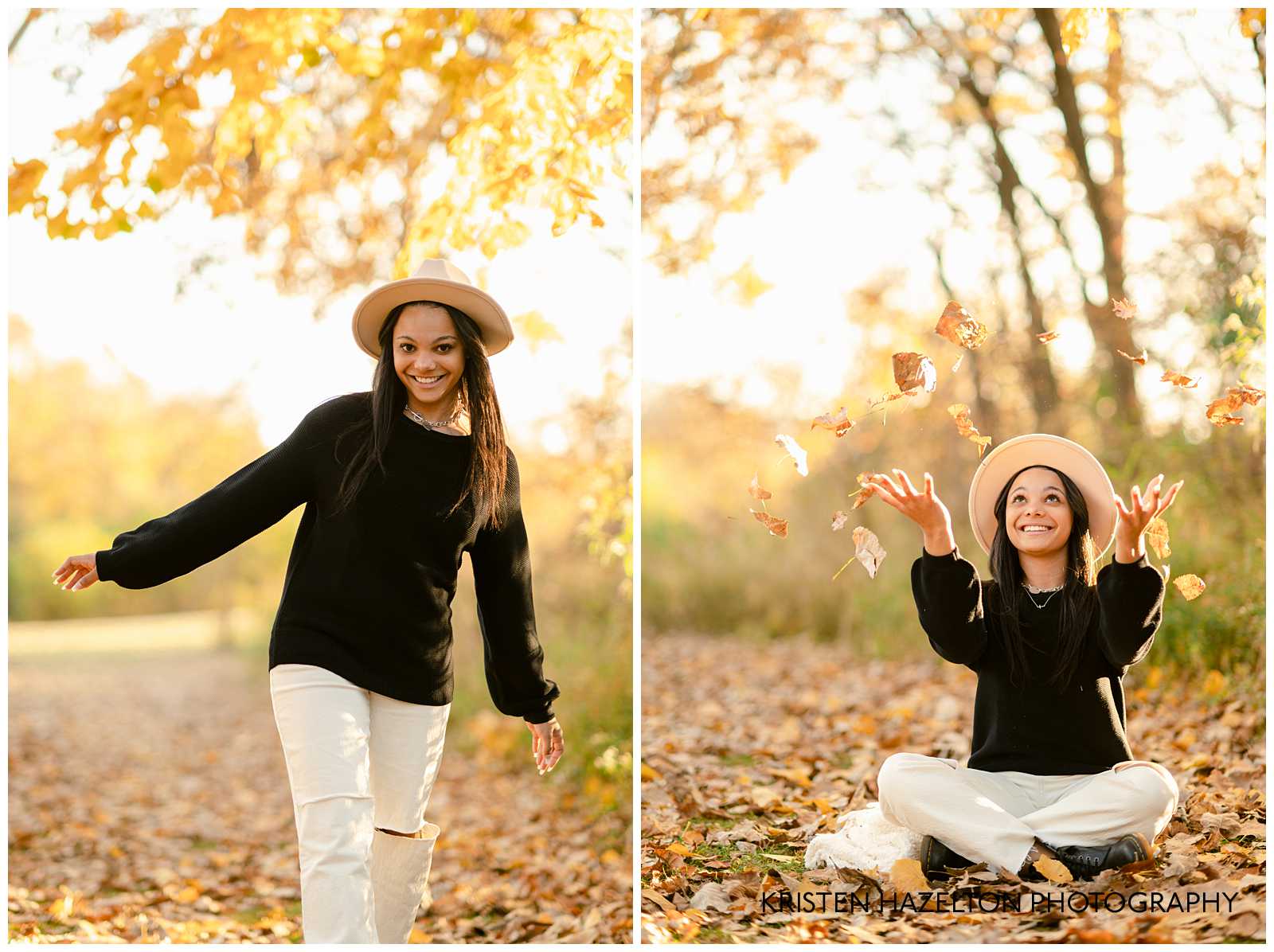 High school senior girl portraits throwing leaves in the fall