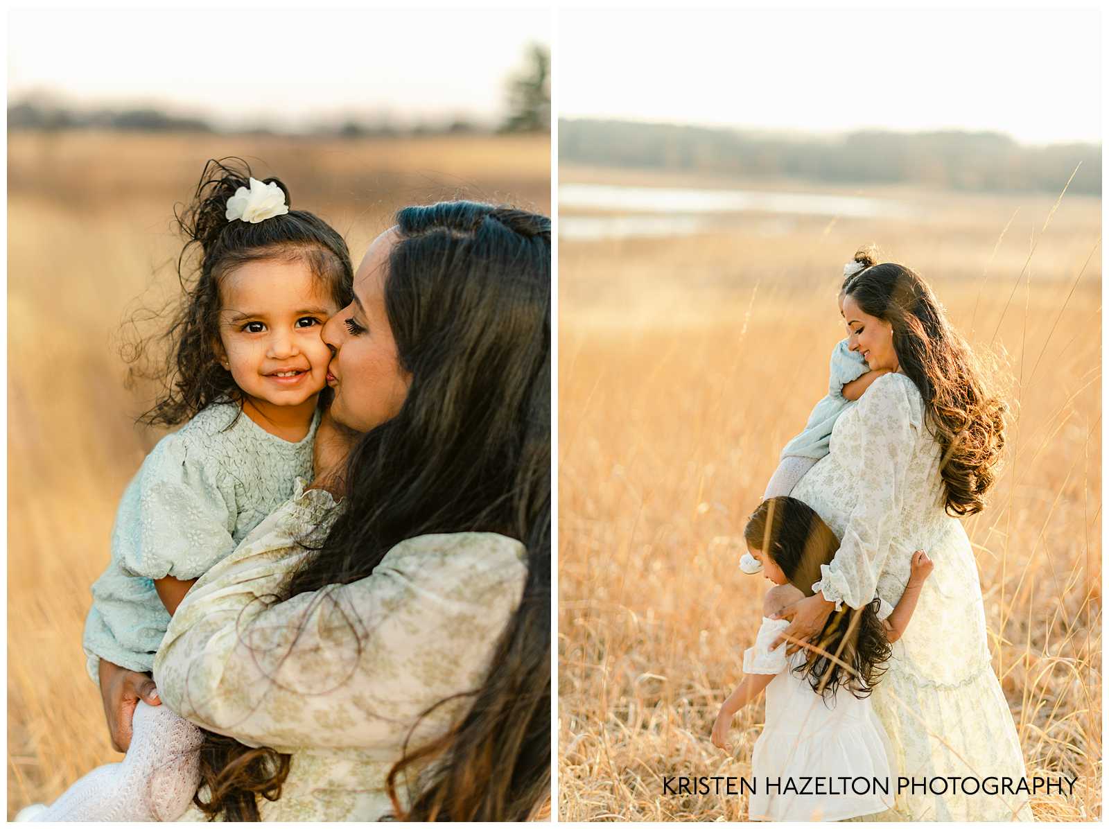 Mom hugging and kissing her toddler daughters in a grassy field. Winter photoshoot ideas by Kristen Hazelton