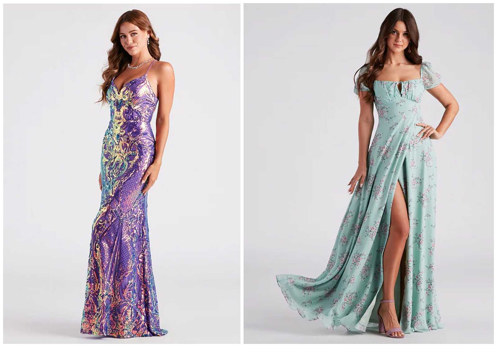Purple iridescent prom dress and teal maxi dress with pink florals.