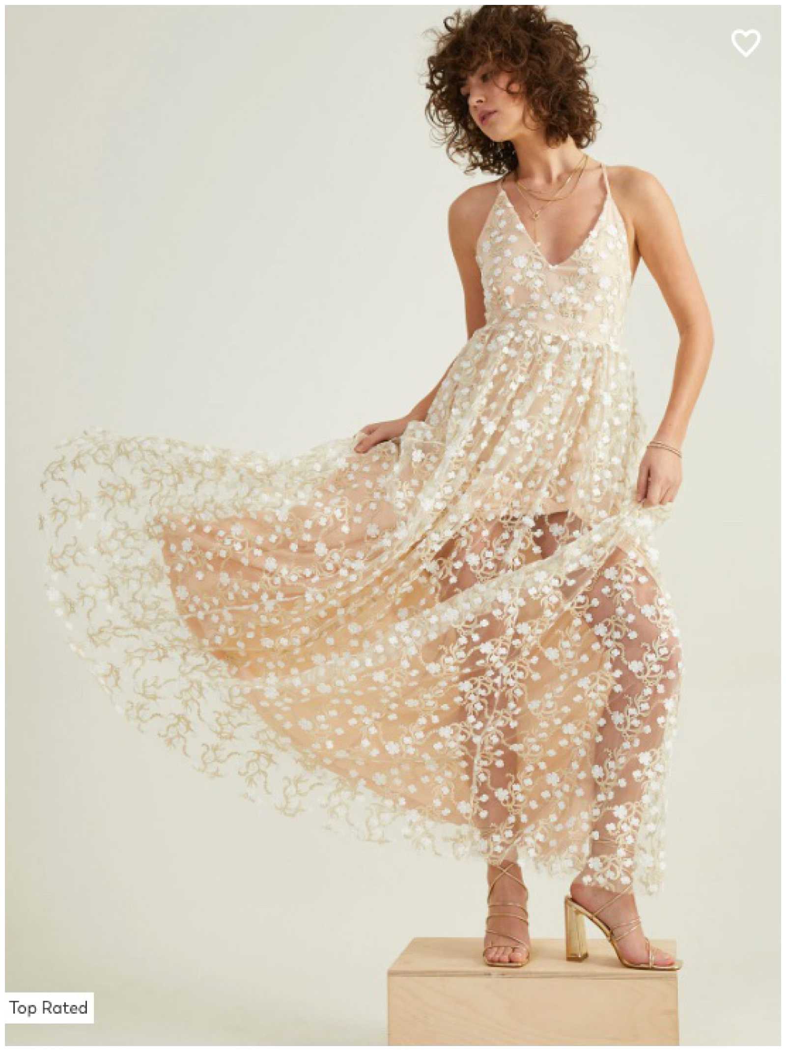 Spring Senior Photo Outfit Ideas:  white dress with floral mesh overlay.
