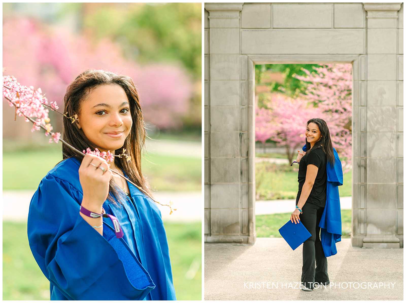 High school senior girl graduate posing with redbuds with her cap and gown.