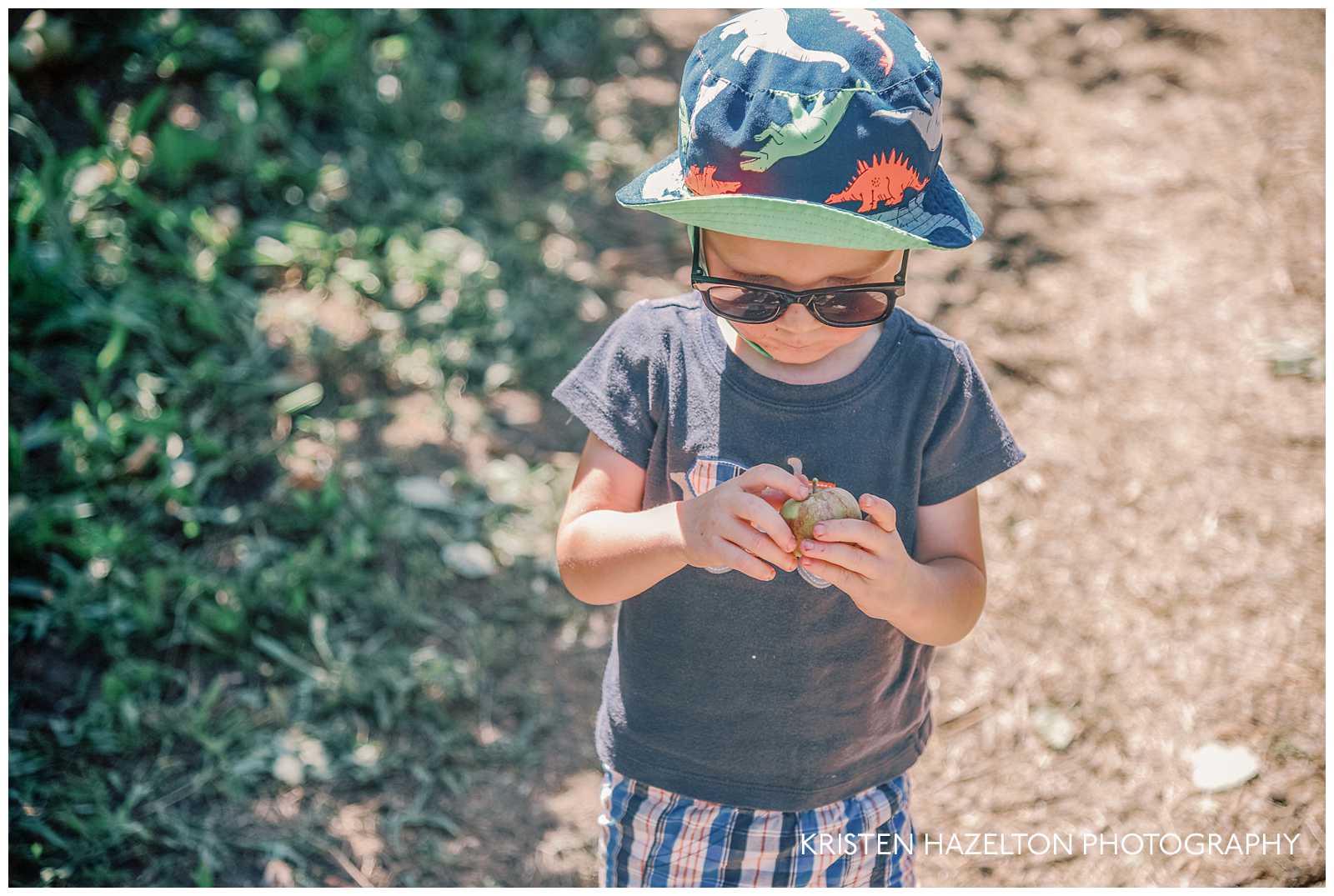 Toddler boy wearing a blue dinosaur hat and sunglasses going apple picking in Chicago