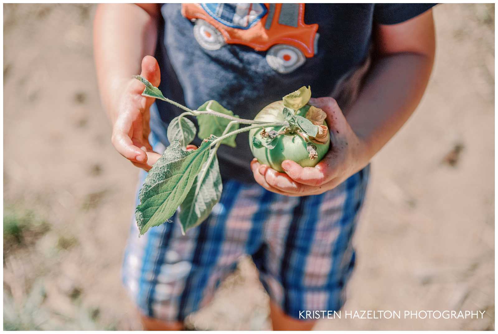 Closeup of a toddler holding an apple with leaves on the stem while going apple picking in Chicago