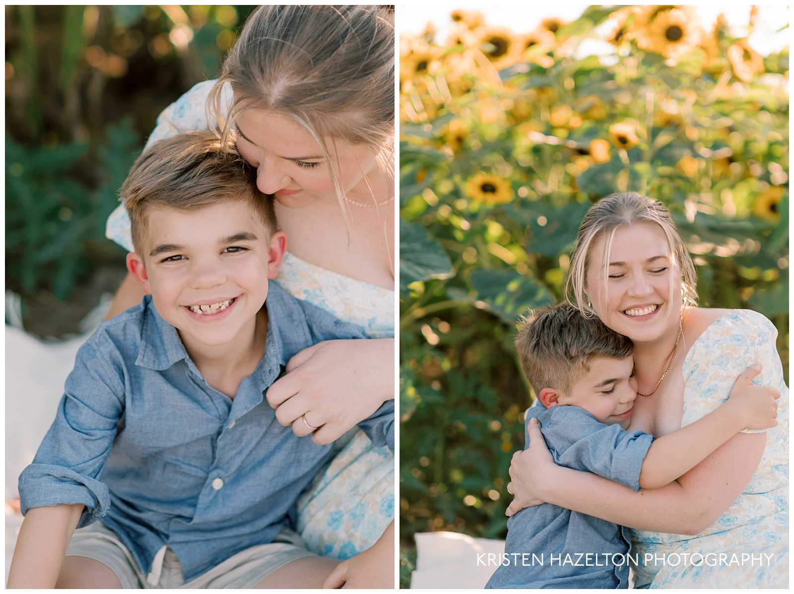 Mom and son snuggling during their sunflower photo session