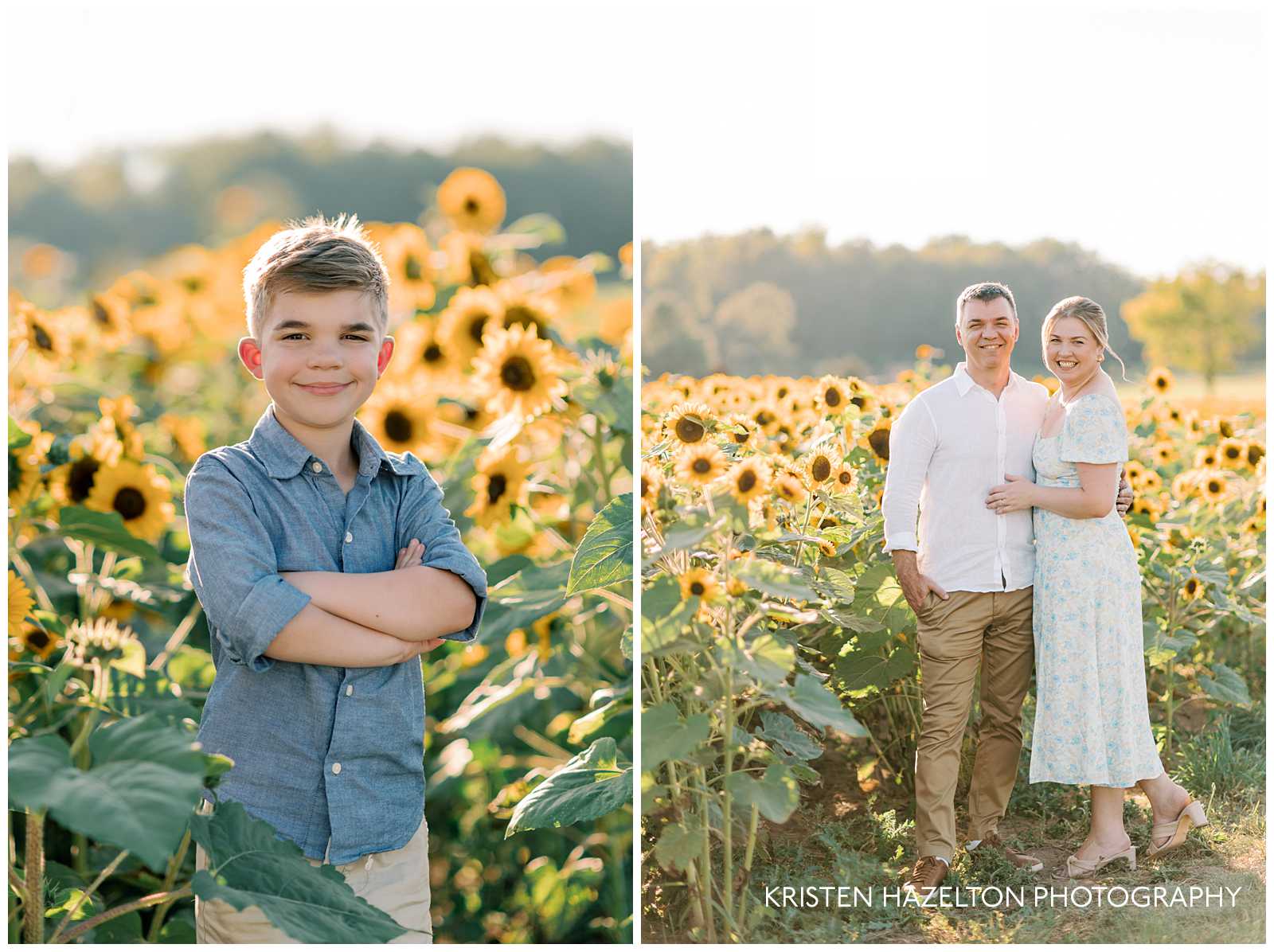 Sunflower family pics; portrait of a young boy and mother and father in a sunflower field. 