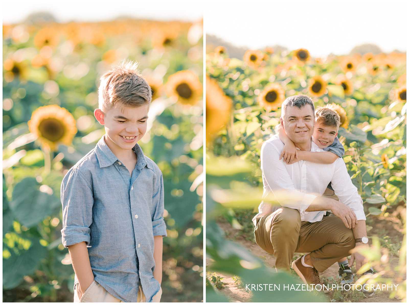 sunflower picture ideas: boy hugging his father's neck in a empty space in a field of sunflowers