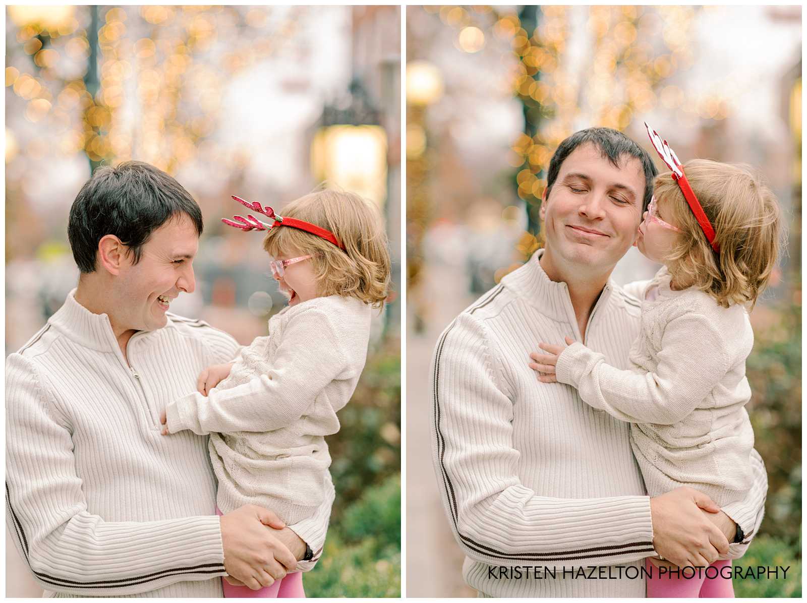 Dad and toddler daughter playing during their Christmas family photoshoot.
