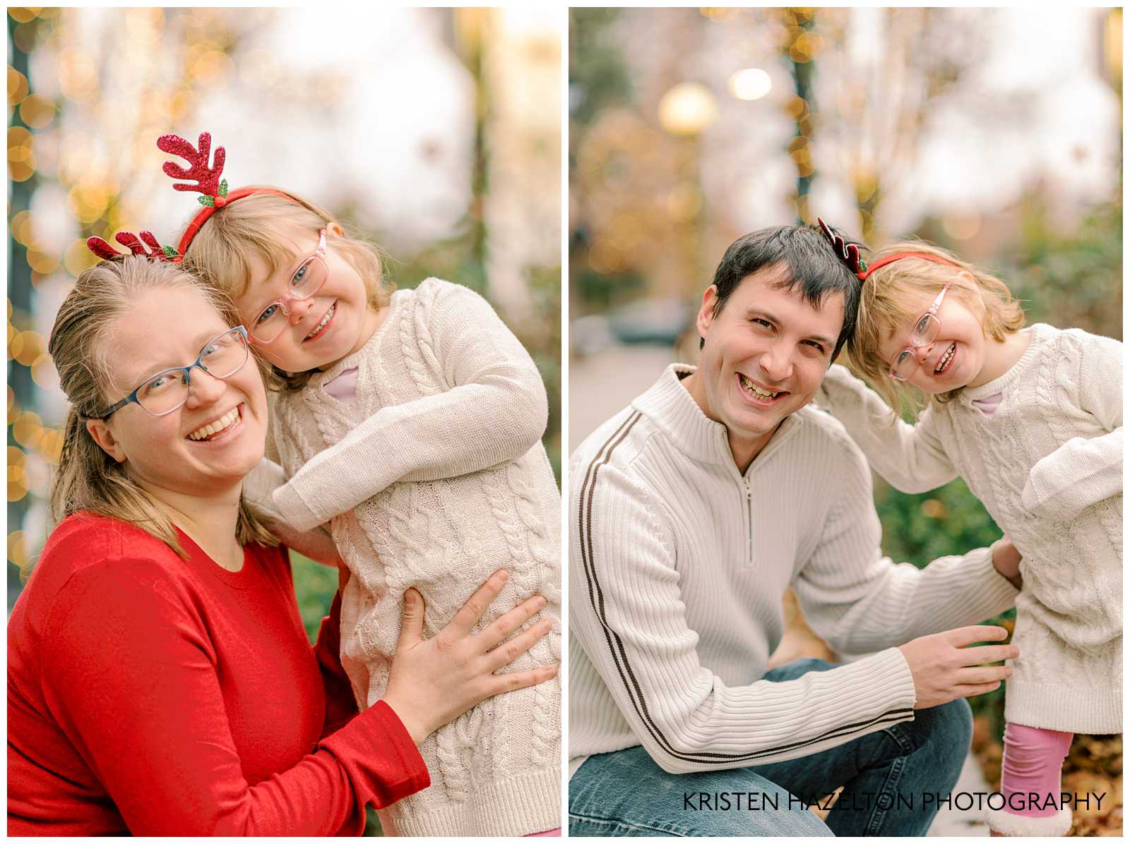 Closeup family photos of a mother and father with their 3-year-old daughter with the Holiday Lights in Chicago