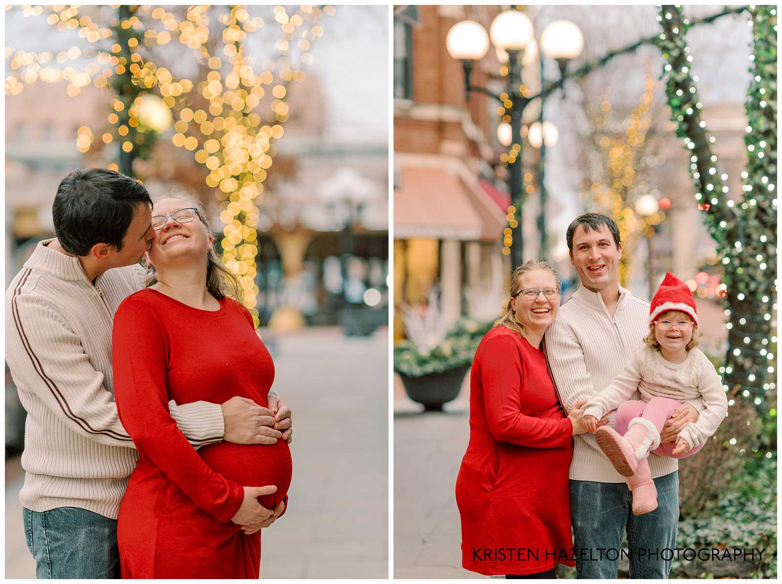 Dad kissing Mom in red dress in maternity photos with the Holiday Lights in Chicago