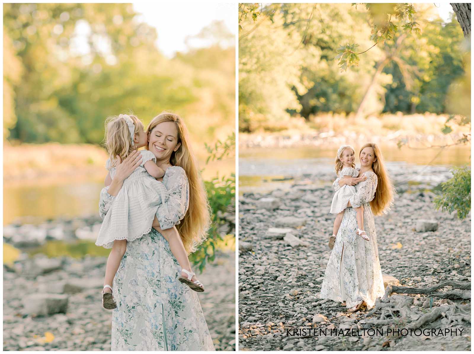 Mother and young daughter in white dresses at an Illinois park with water near Chicago.