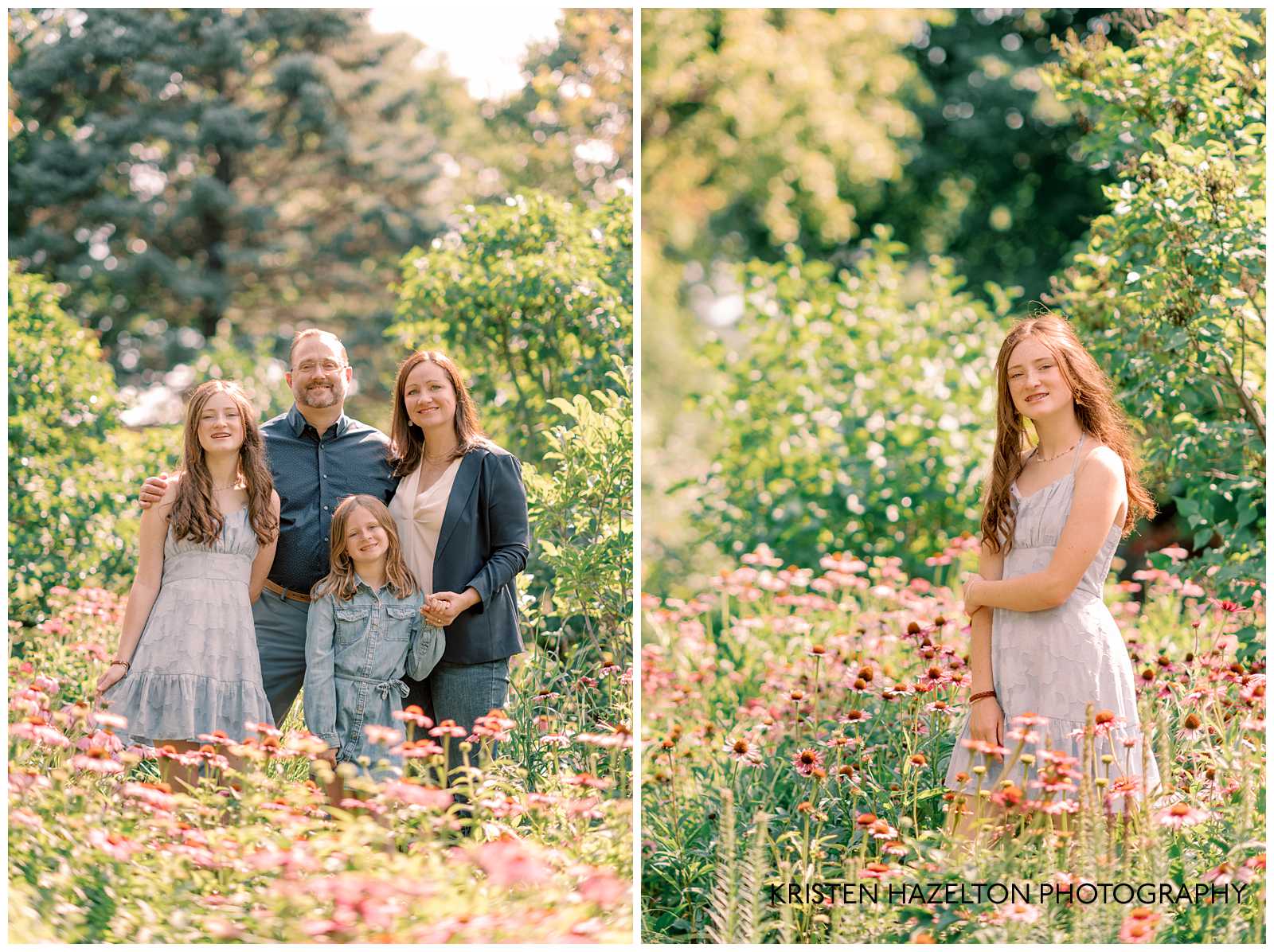 Summer family photos at Lilacia Park in Lombard IL with pink coneflowers