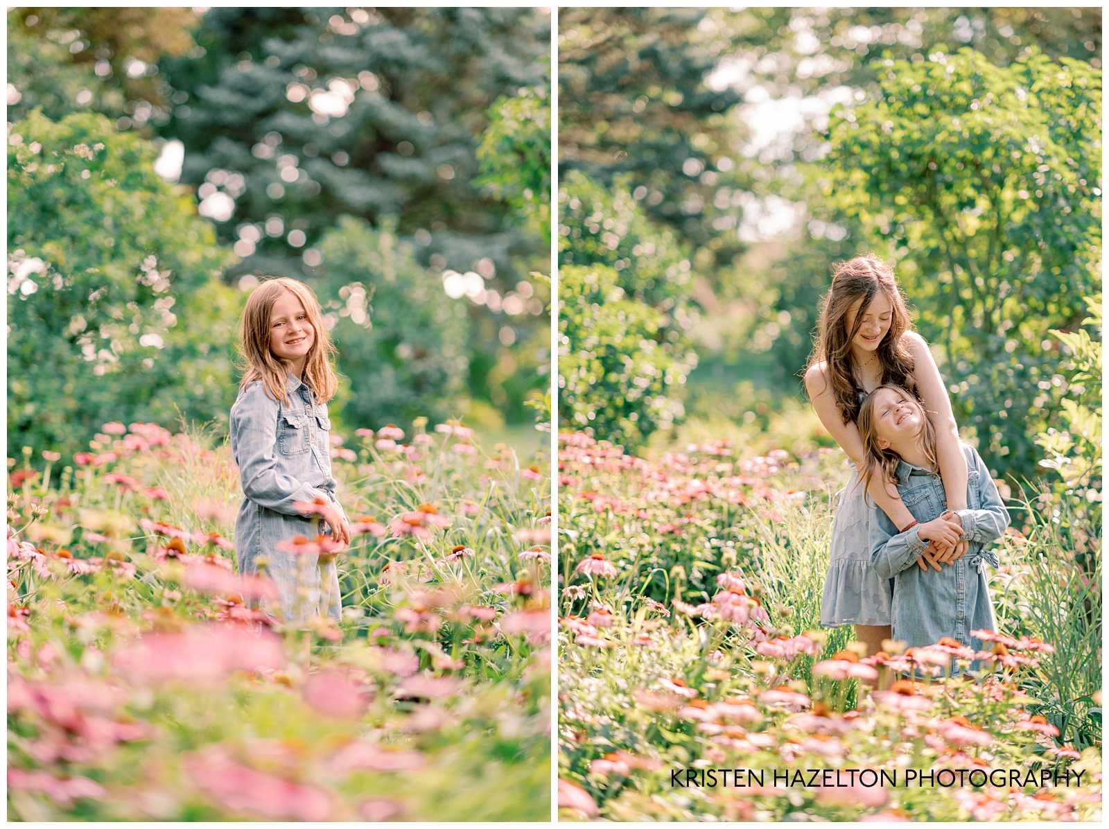 Family photos of sisters in a garden of pink coneflowers