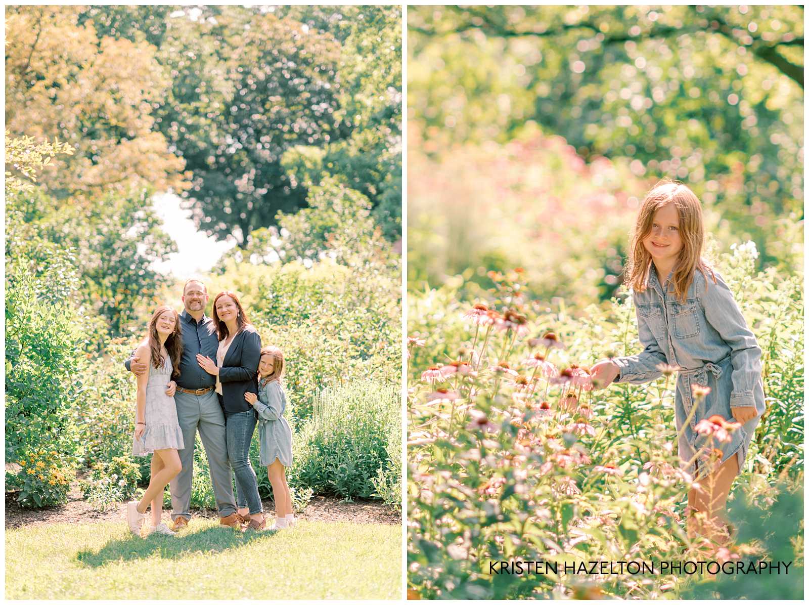 Summer family photos in a garden with pink flowers