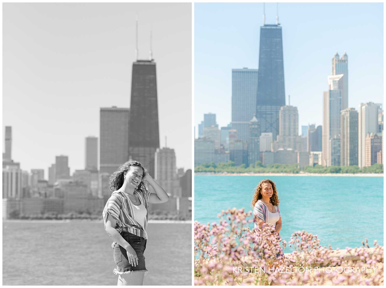 Girl with curly brown hair and white tank top in front of pink flowers, at one of the best Chicago beaches