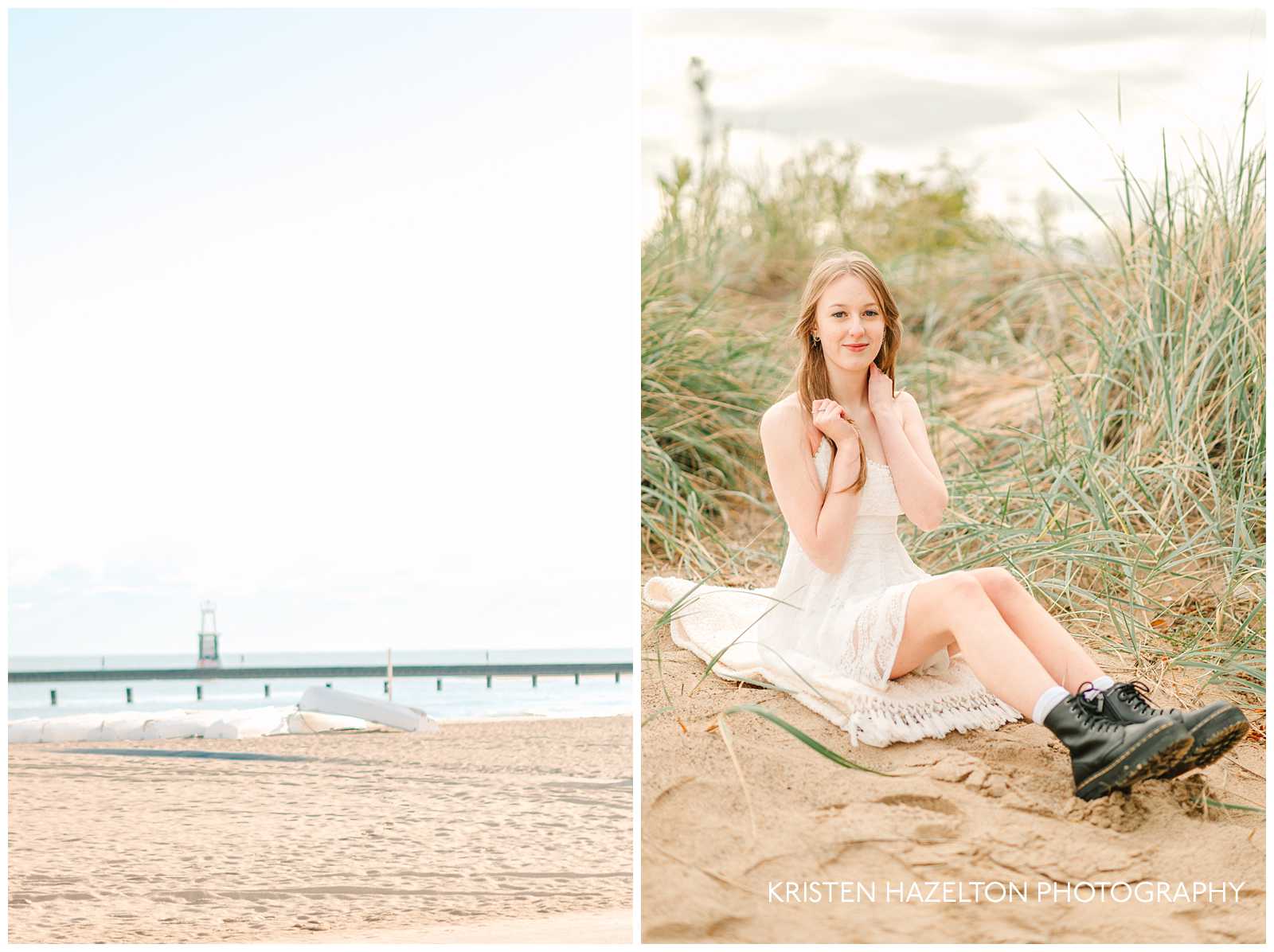 Girl in white dress and black doc marten shoes for photos at one of Chicago's best beaches