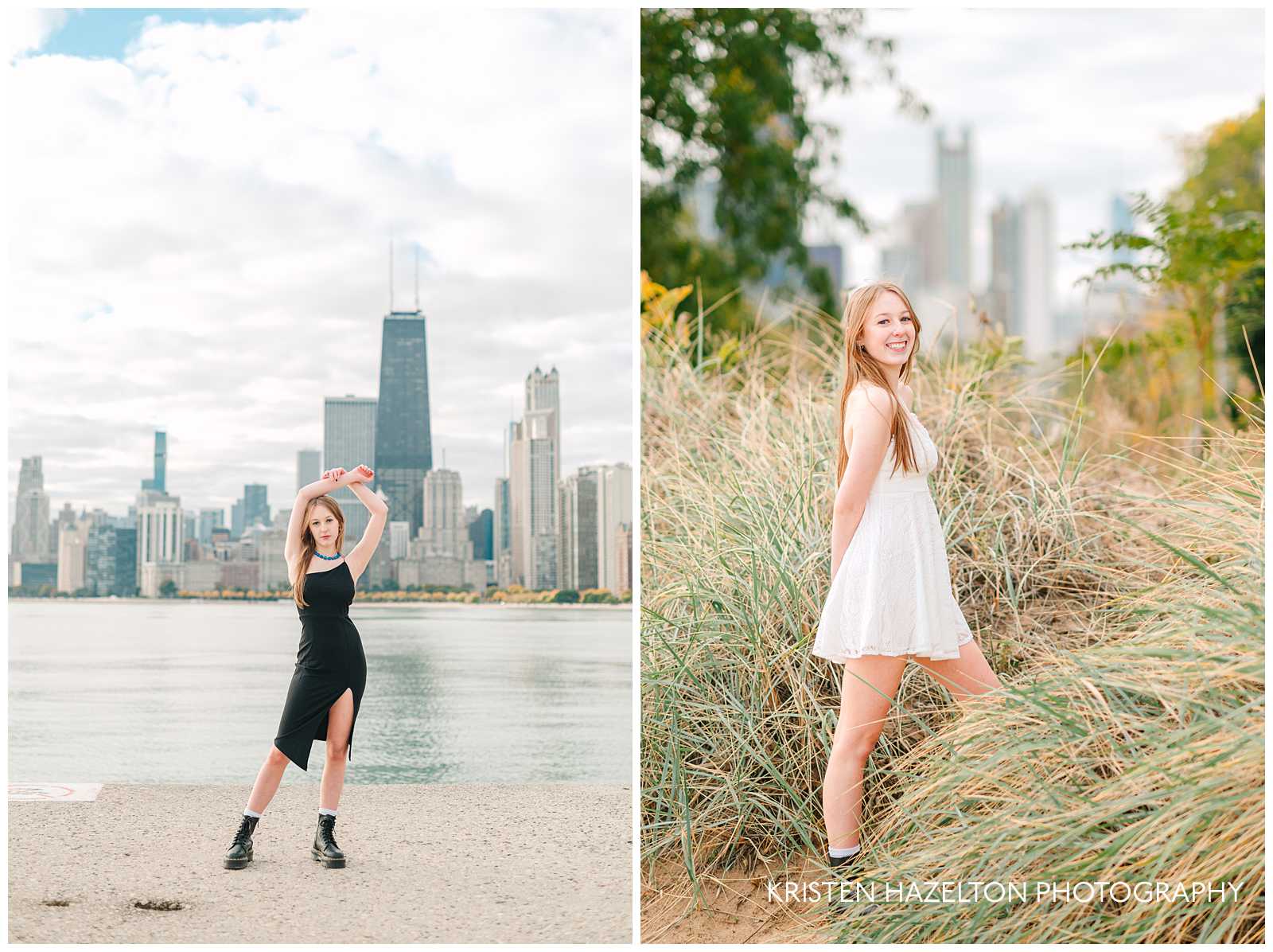 Girl in black dress at North Avenue Beach in Chicago