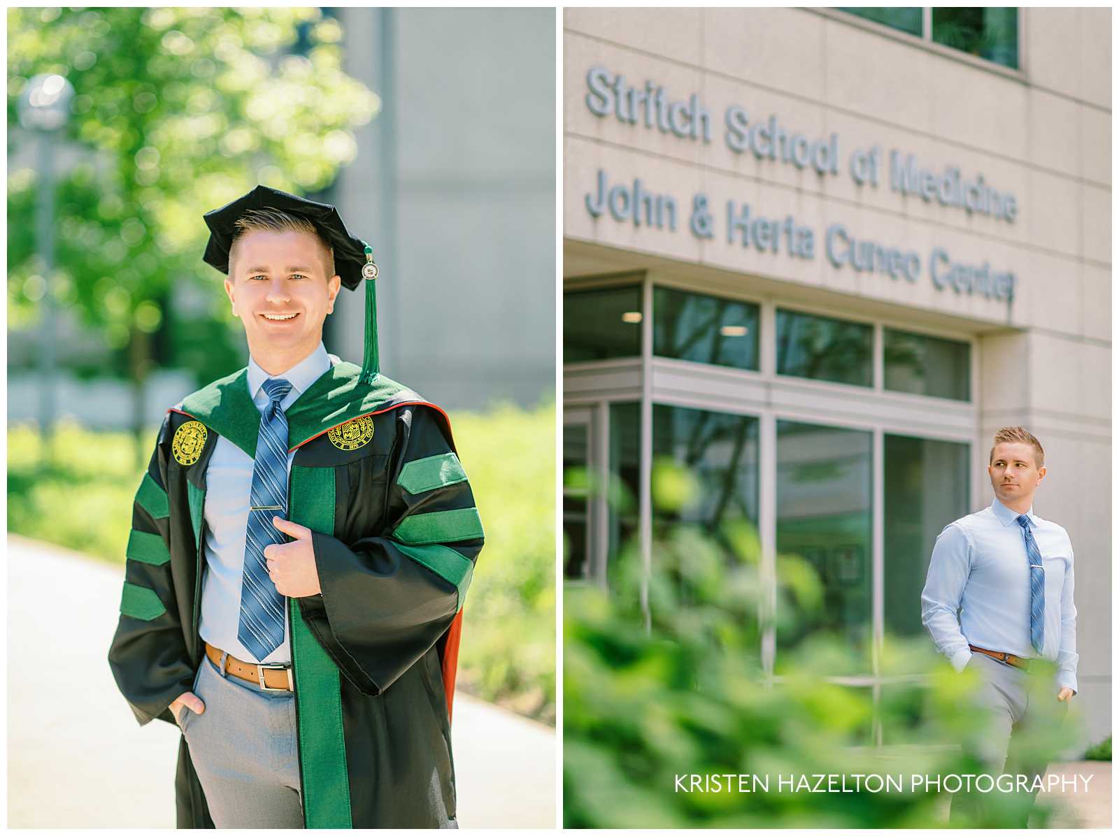 Loyola University Chicago graduation photos - medical doctor in advanced degree cap and gown in front of the Stritch School of Medicine in Forest Park, IL