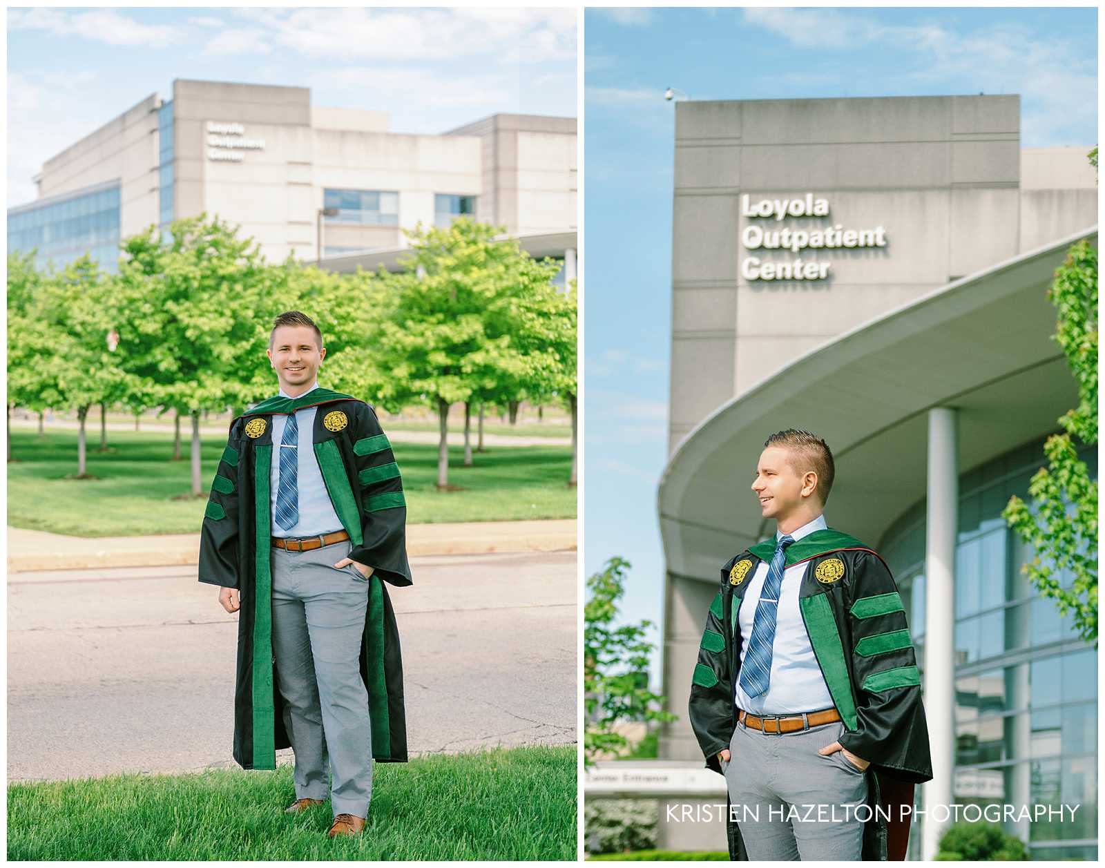 Loyola University Chicago graduation photos - medical doctor in advanced degree cap and gown in front of the Loyola Outpatient Center in Forest Park, IL