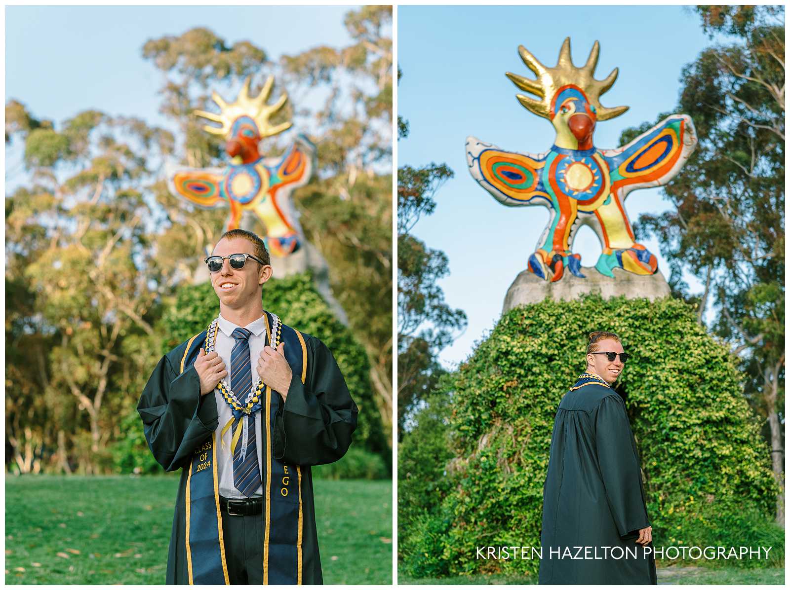 UCSD graduation photos in front of the Sun God statue.