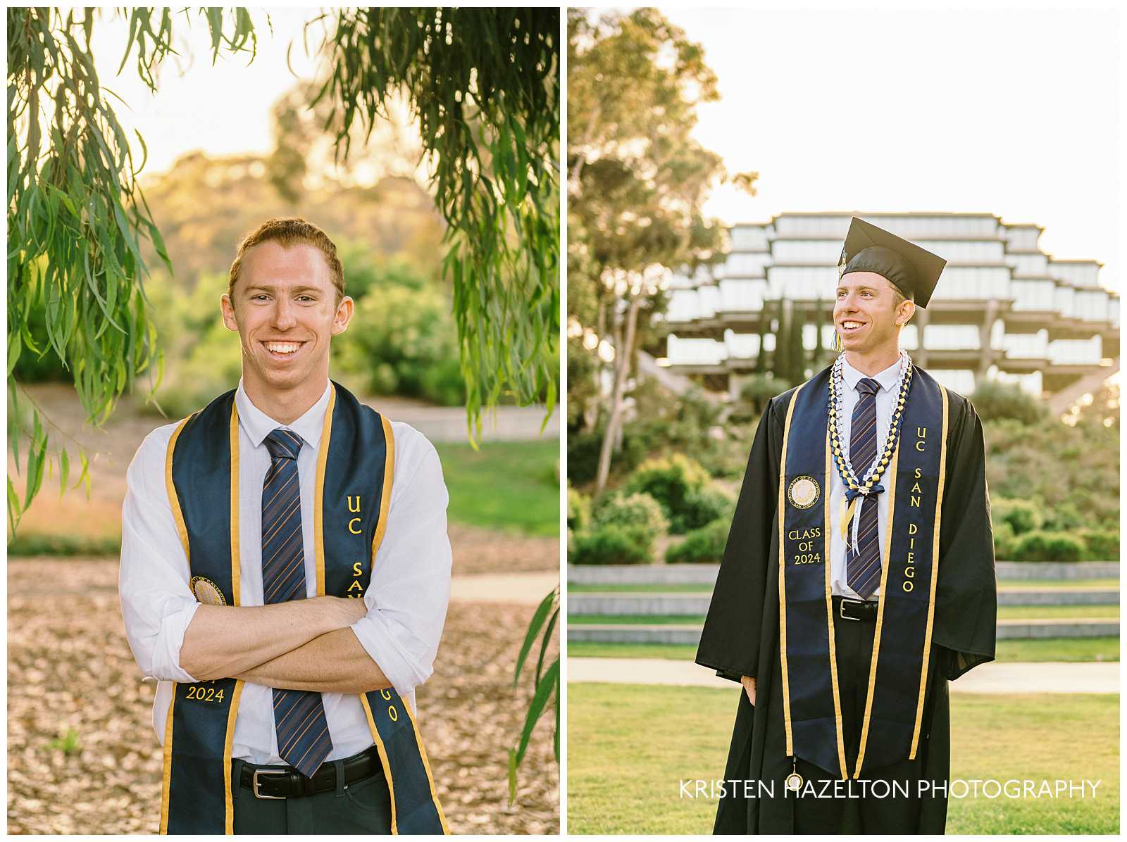 UC San Diego cap and gown photos at the Snake Path outside the Geisel Library.