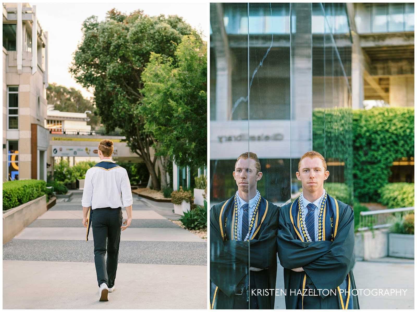 Red-headed UCSD graduate in a gown outside the Price Center and Geisel Library for his UCSD graduation photos.