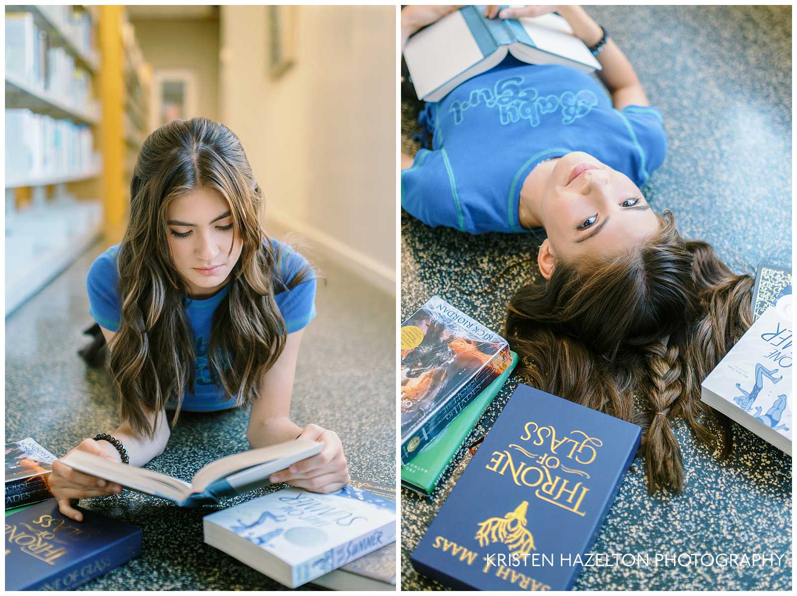 Girl with brown hair and a blue tee shirt lying on the floor of the library for senior photoshoot in the library by Chicago photographer Kristen Hazelton