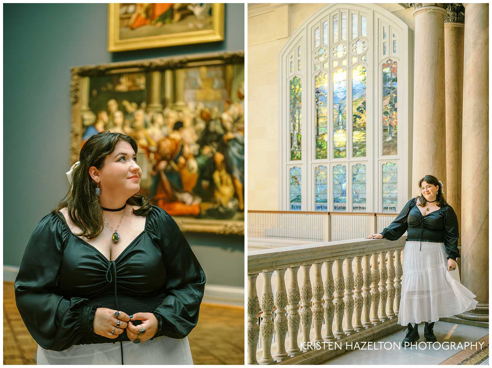 Girl wearing a black blouse and white skirt standing in front of the Tiffany stained glass at the Art Institute of Chicago for her photoshoot in a museum by Chicago Photographer Kristen Hazelton