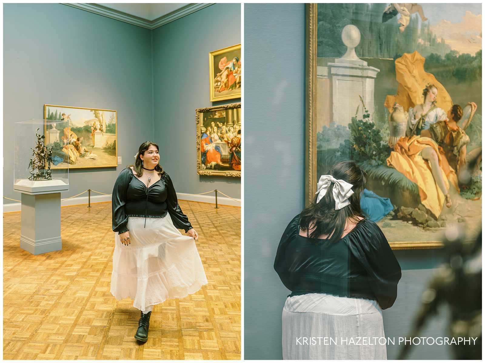 Girl in black top and white skirt in the renaissance art wing of the Art Institute of Chicago for her museum photoshoot.