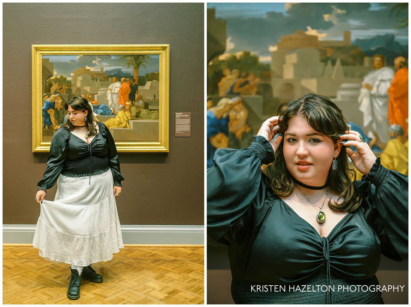 Girl in black blouse and white skirt standing in front of a religious painting for her art museum photoshoot by Chicago photographer Kristen Hazelton