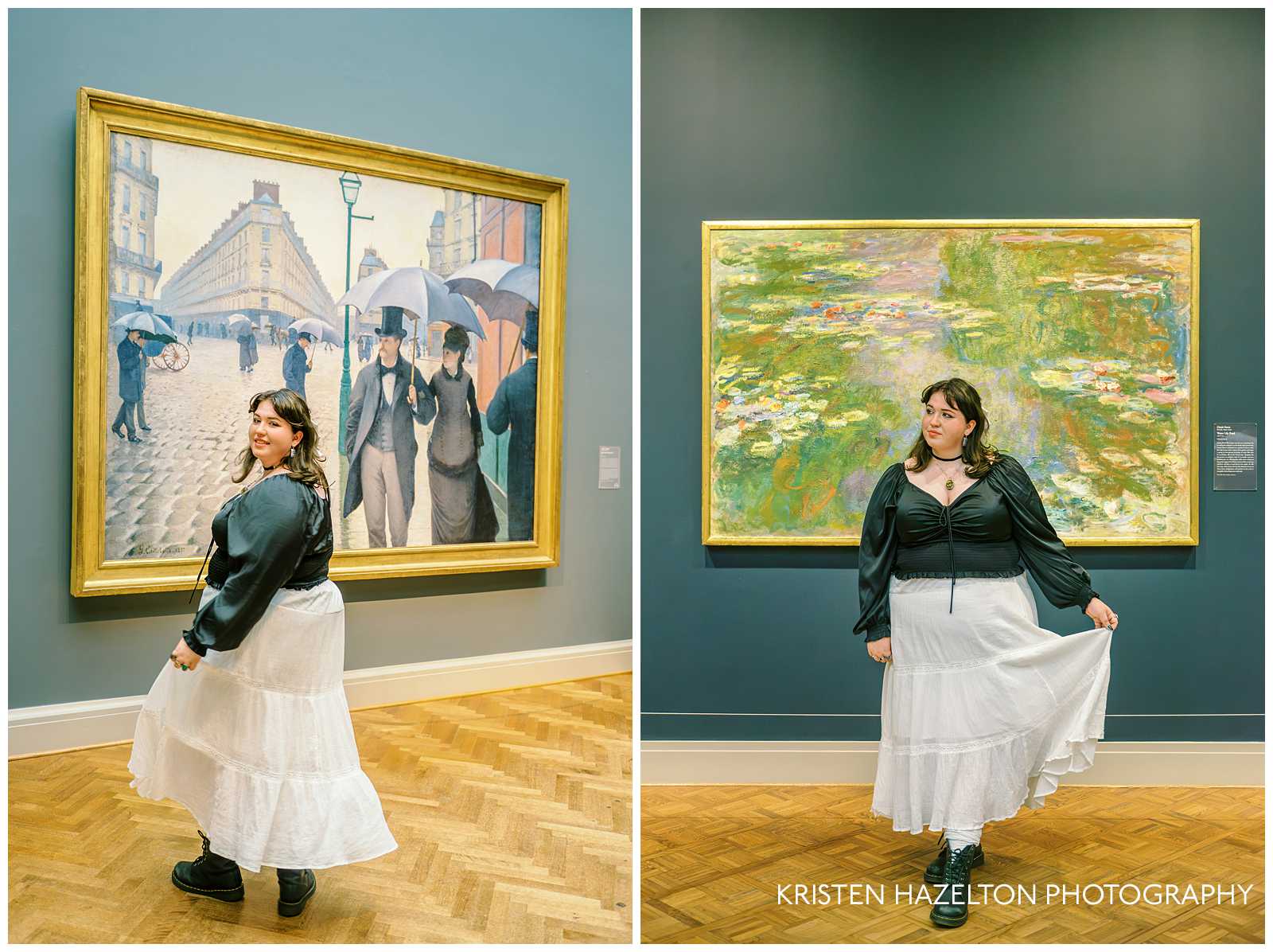 Girl in black top and white skirt in front of one of Claude Monet's waterlily paintings for her museum photoshoot.