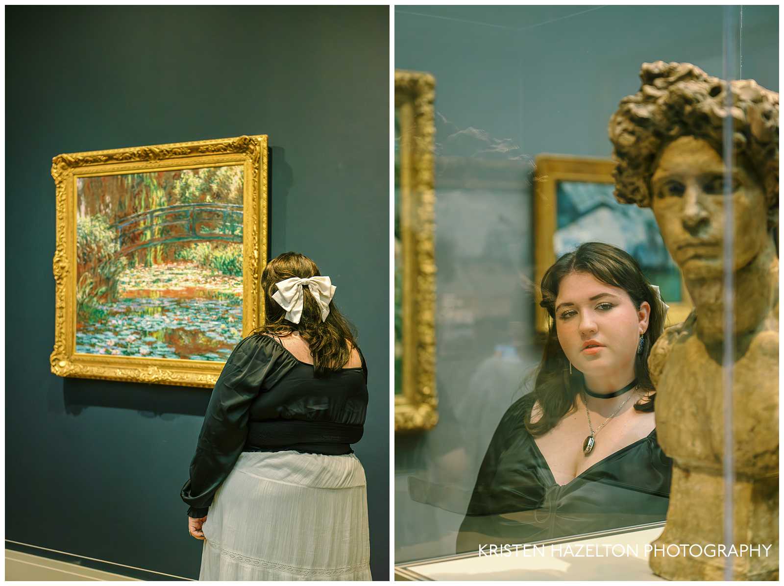 Girl in black top wearing a white skirt for her senior photoshoot in a museum.