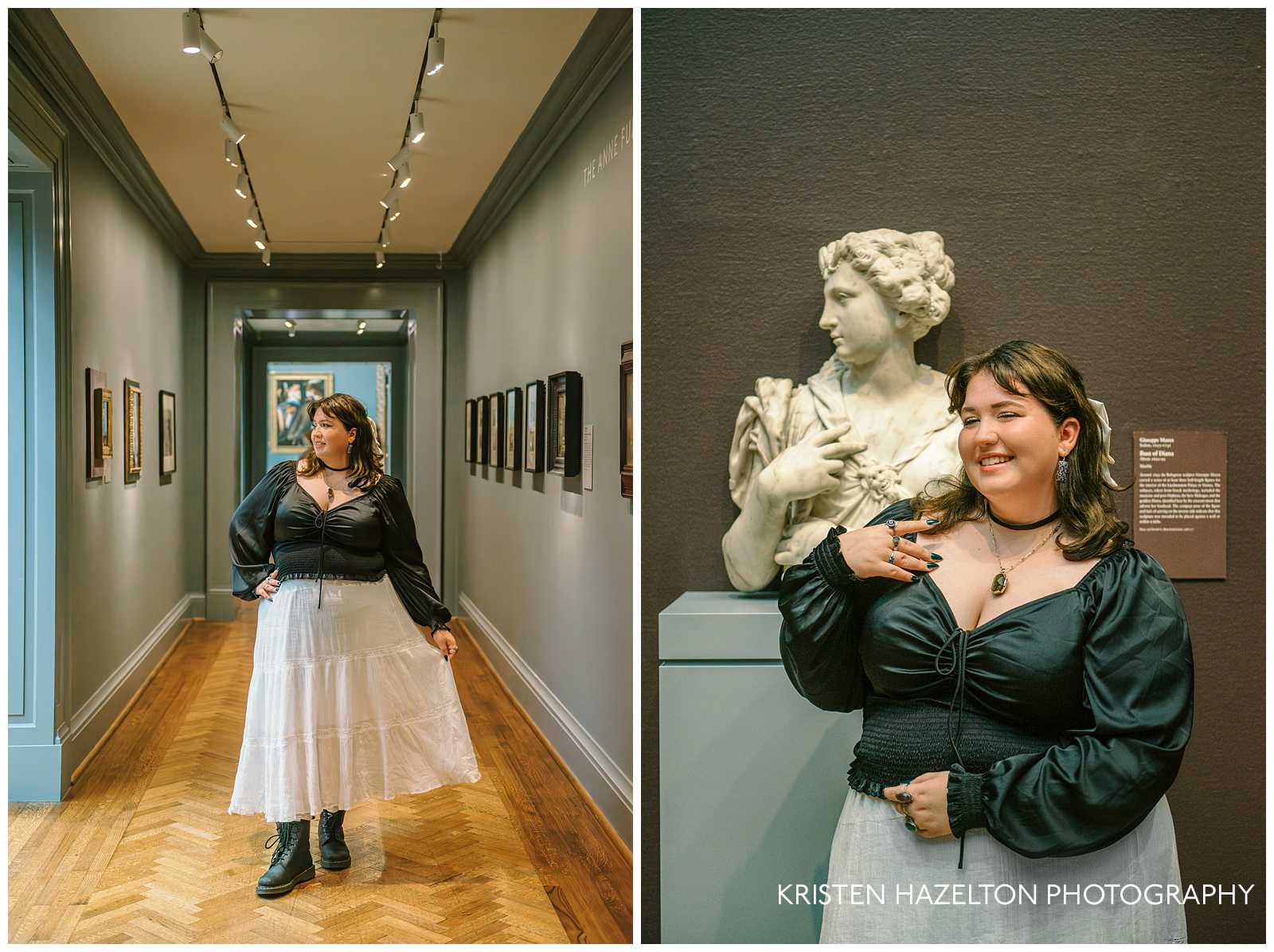 Girl in black blouse and white skirt standing in front of a white sculpture for her art museum photoshoot by Chicago photographer Kristen Hazelton