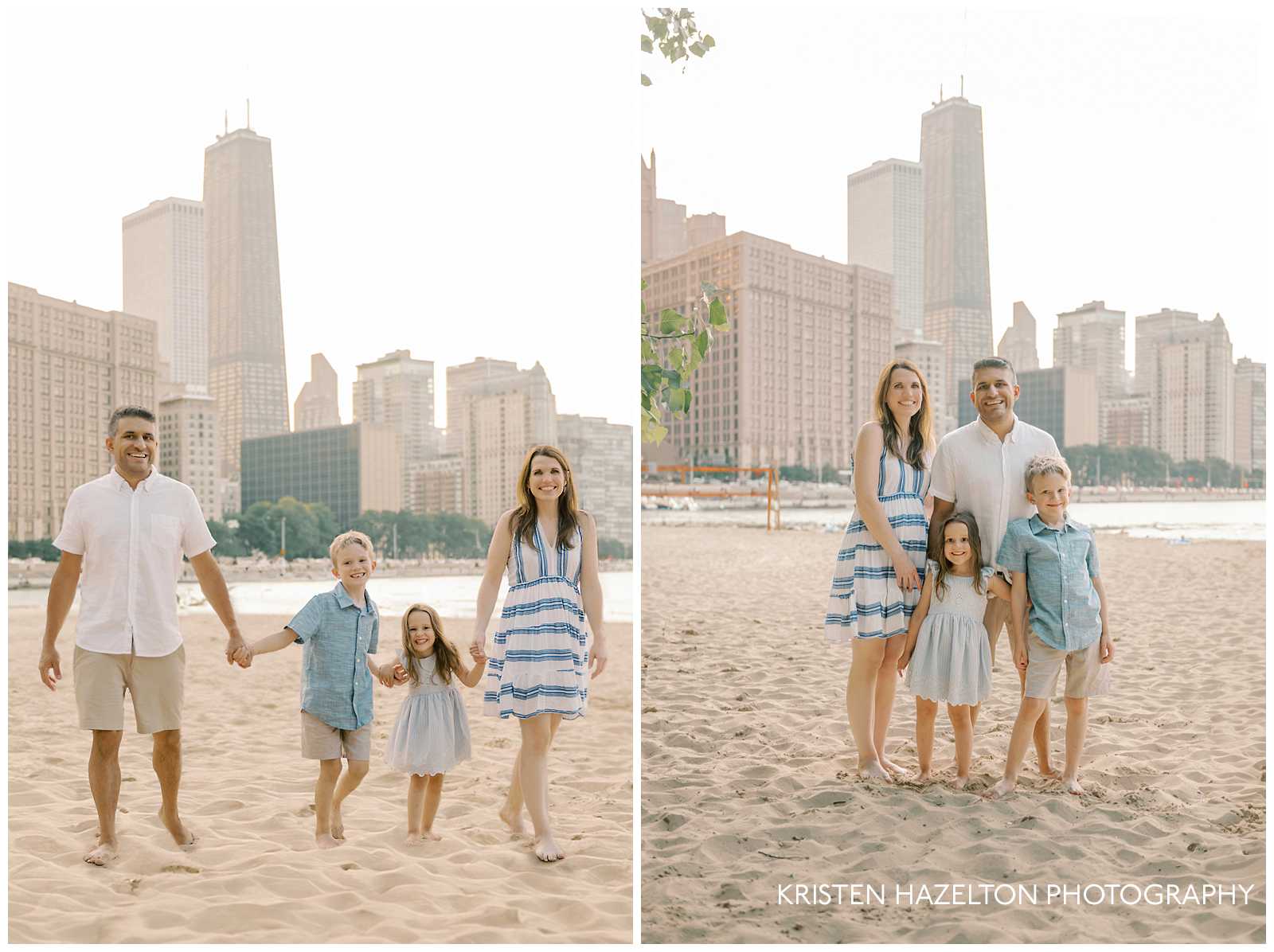 Family walking along the beach at Chicago's Ohio St Beach. Beach family photography by Kristen Hazelton.