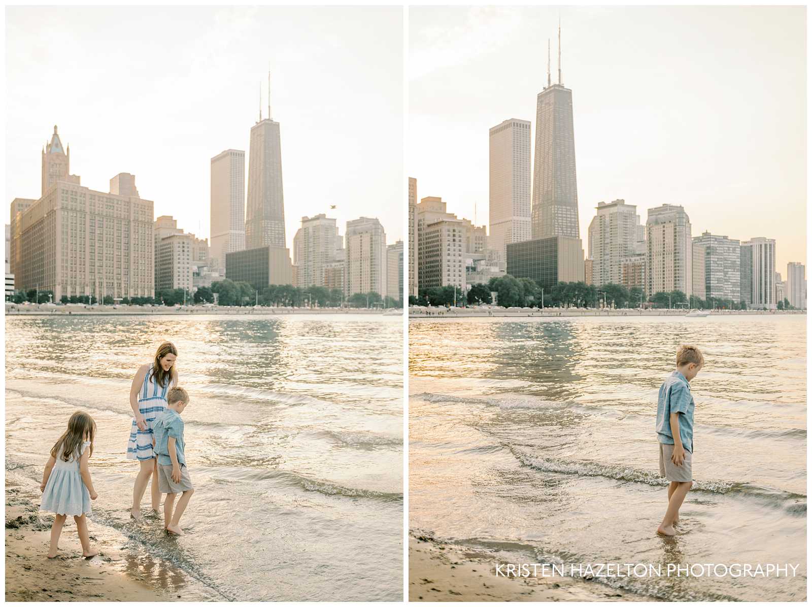 Mother in blue and white sundress and her two children looking for shells in the waves of Lake Michigan at Chicago's Ohio St Beach for their beach family photos.