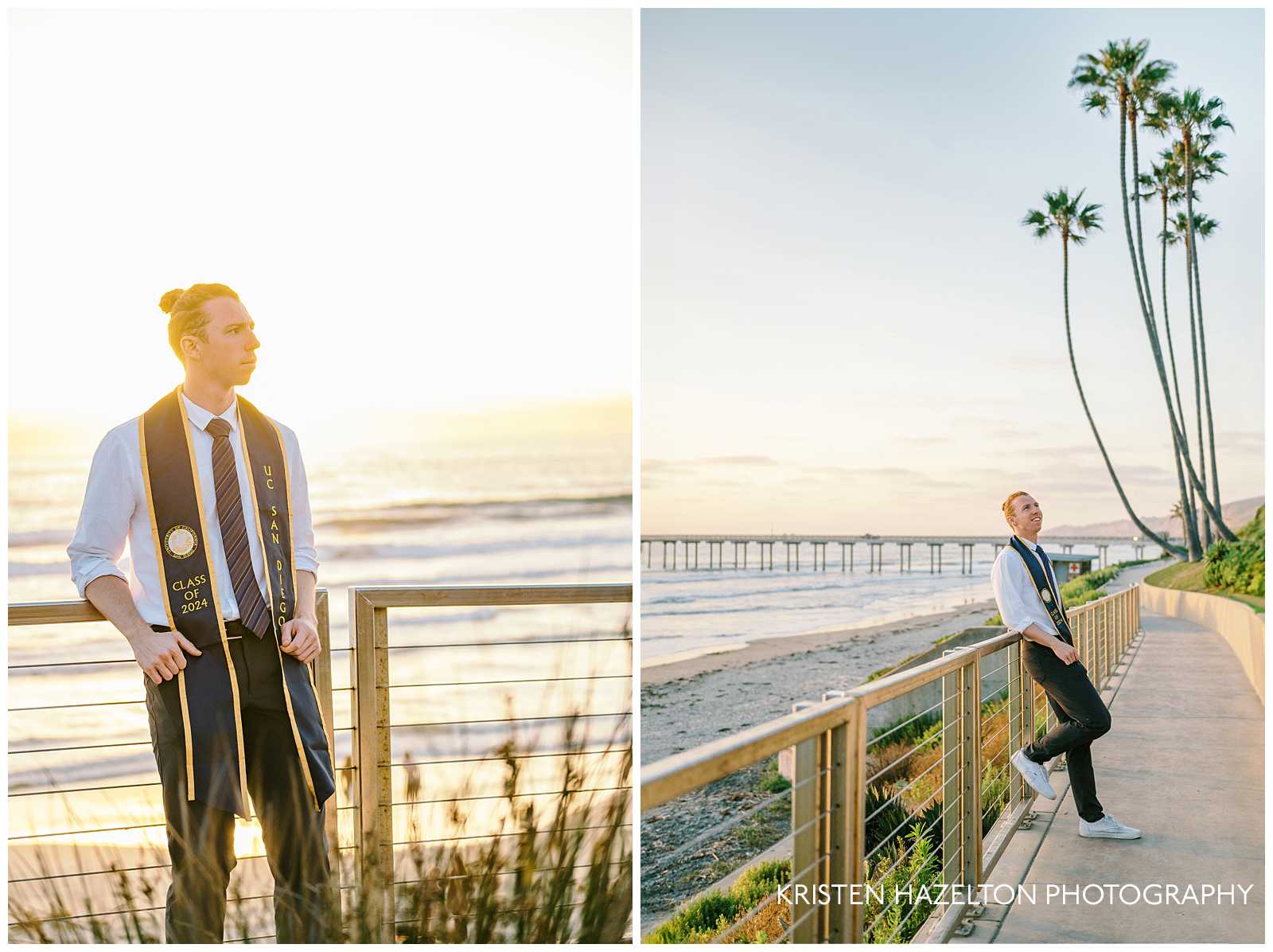 College graduate leaning against a fence at Scripps beach. Beach senior pictures for guys by San Diego senior photographer Kristen Hazelton