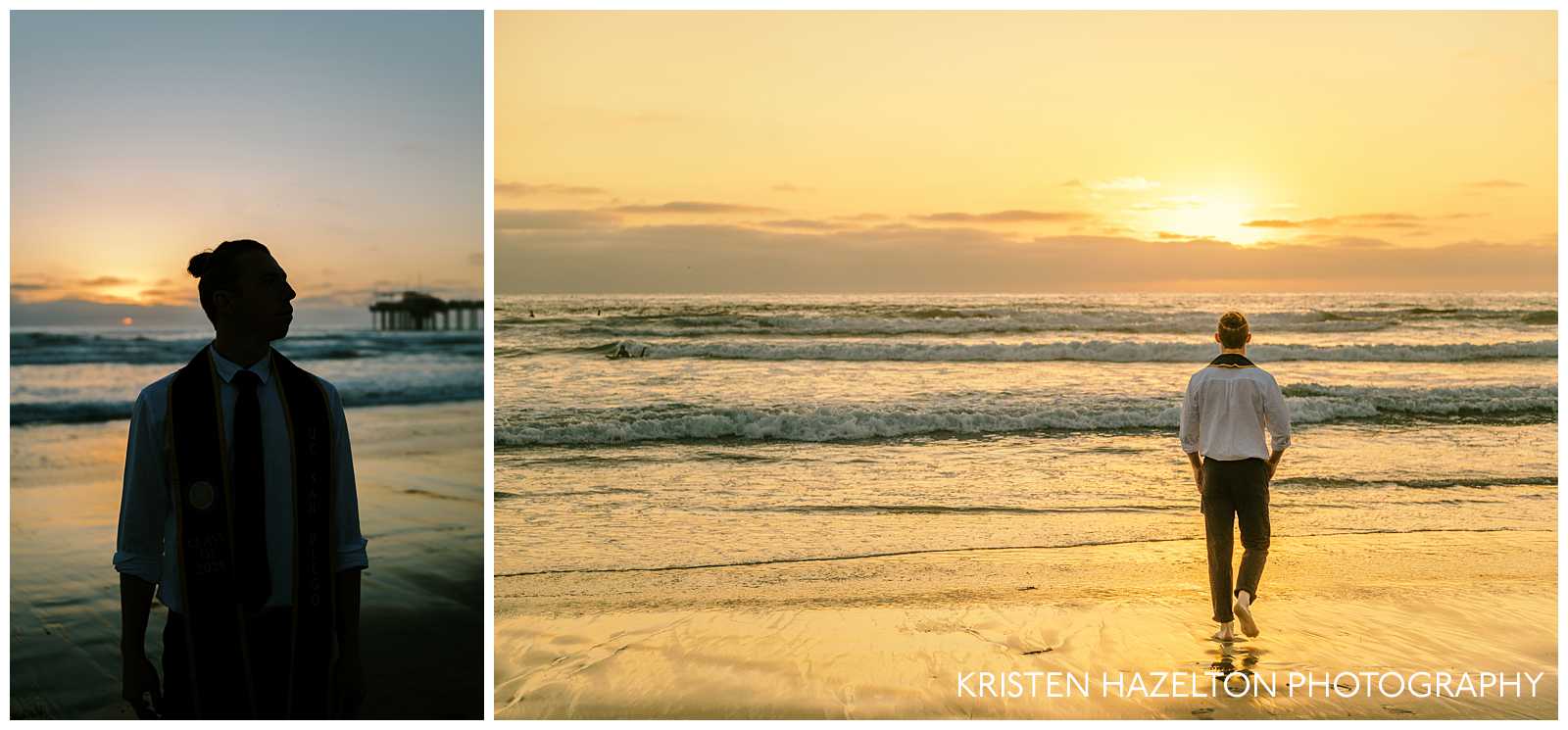 College graduate walking towards the ocean at his beach senior pictures for guys by San Diego senior photographer Kristen Hazelton