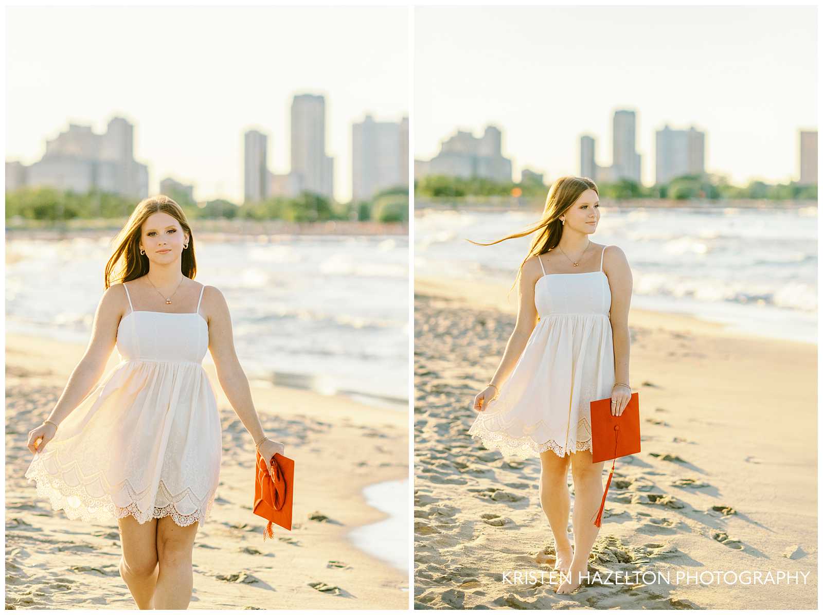 Girl in white dress walking along the beach while holding her red graduation cap for her beach graduation photos