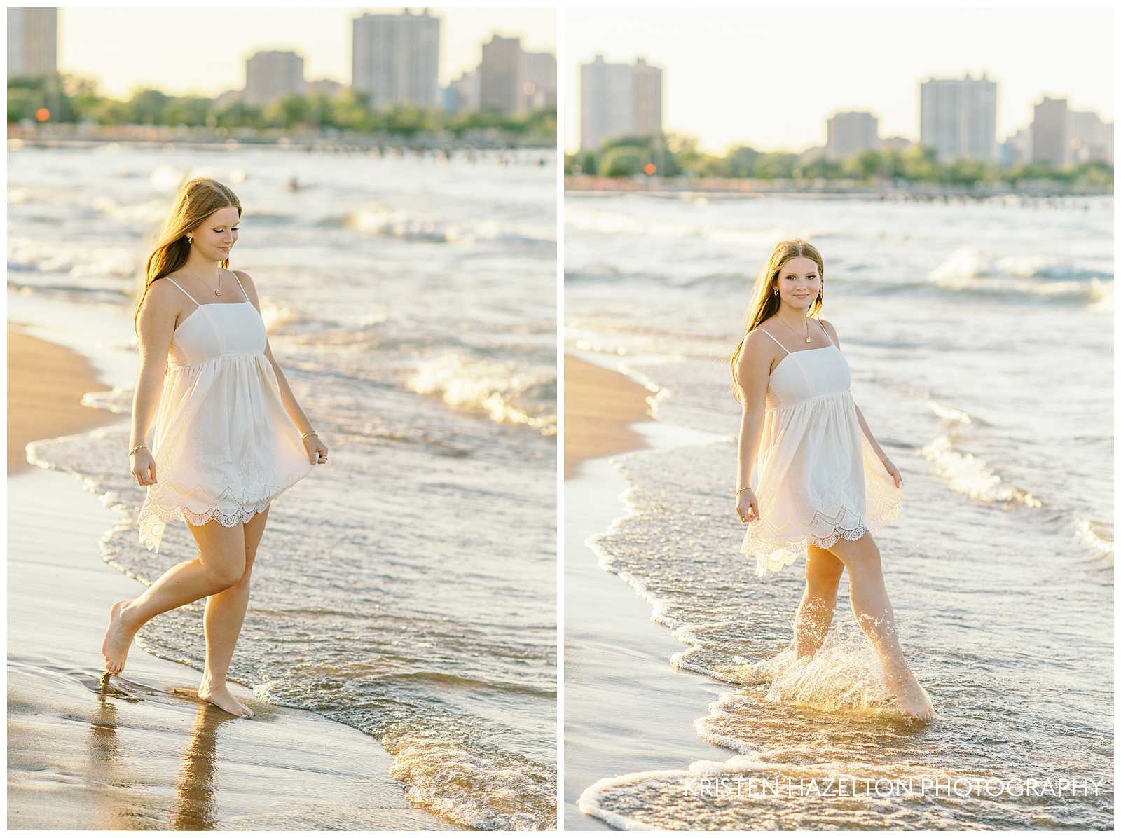 girl in a white dress wading in the waves of Lake Michigan for her beach senior photos