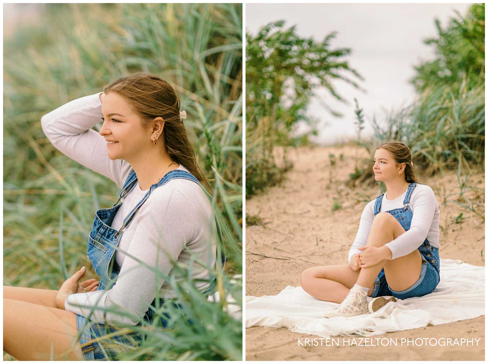 High school senior wearing a white shirt and short blue overalls next to beach grass for her beach senior photos by Lake Michigan