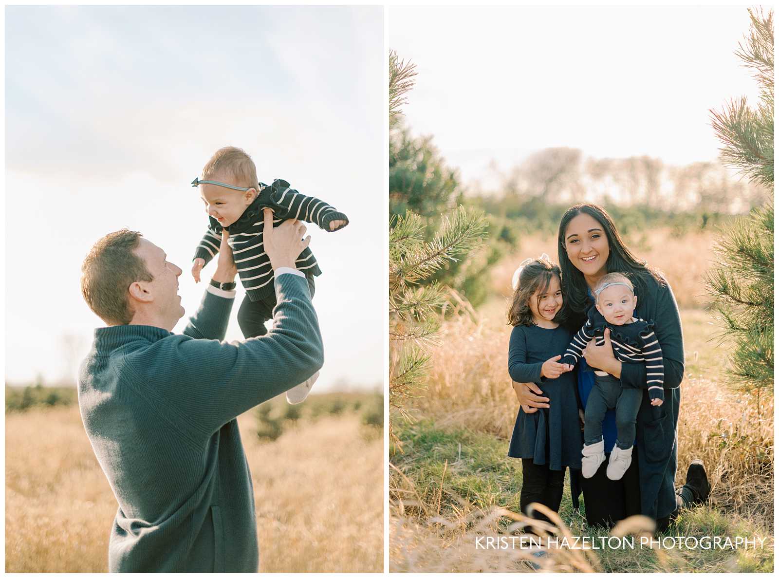 Dad in navy blue sweater throwing his baby daughter in the air for their Christmas tree farm photos in Chicago