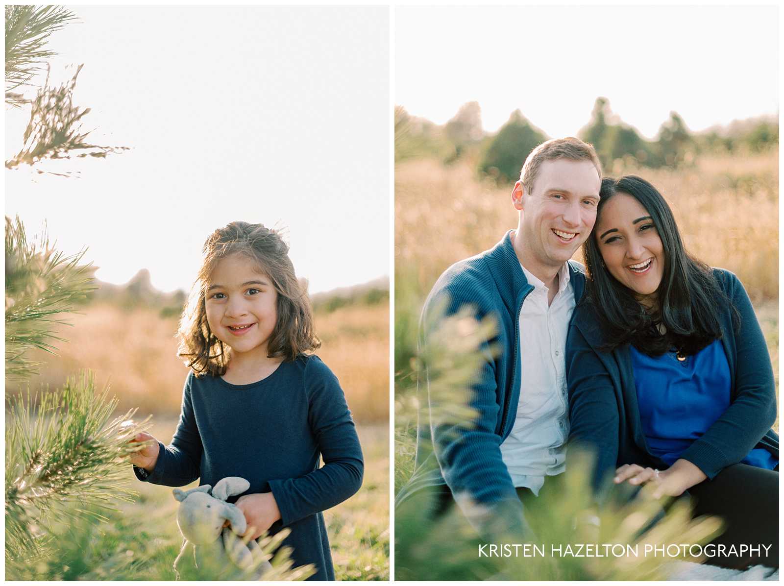 Family with blue Christmas tree farm photo outfits in their photos by Chicago photographer Kristen Hazelton