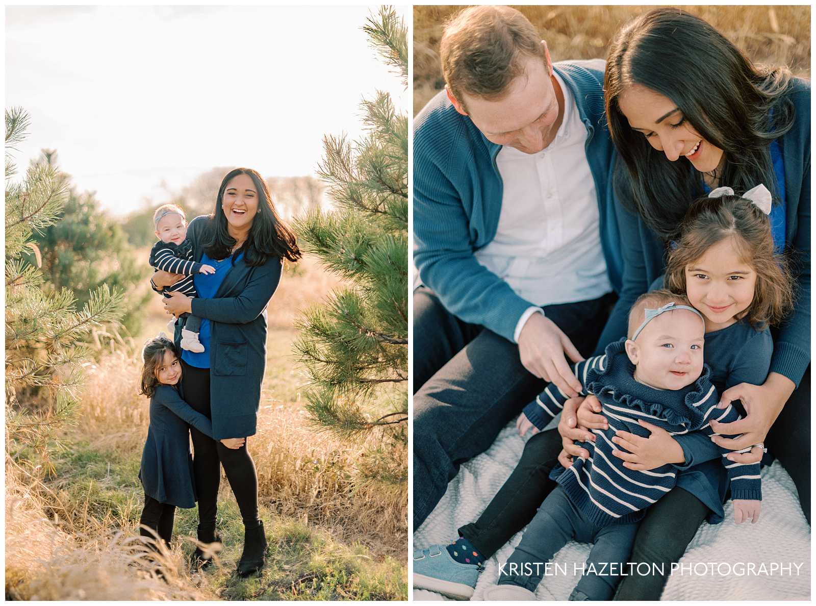 Family of four wearing blue and black at their Christmas tree farm photos by Chicago photographer Kristen Hazelton