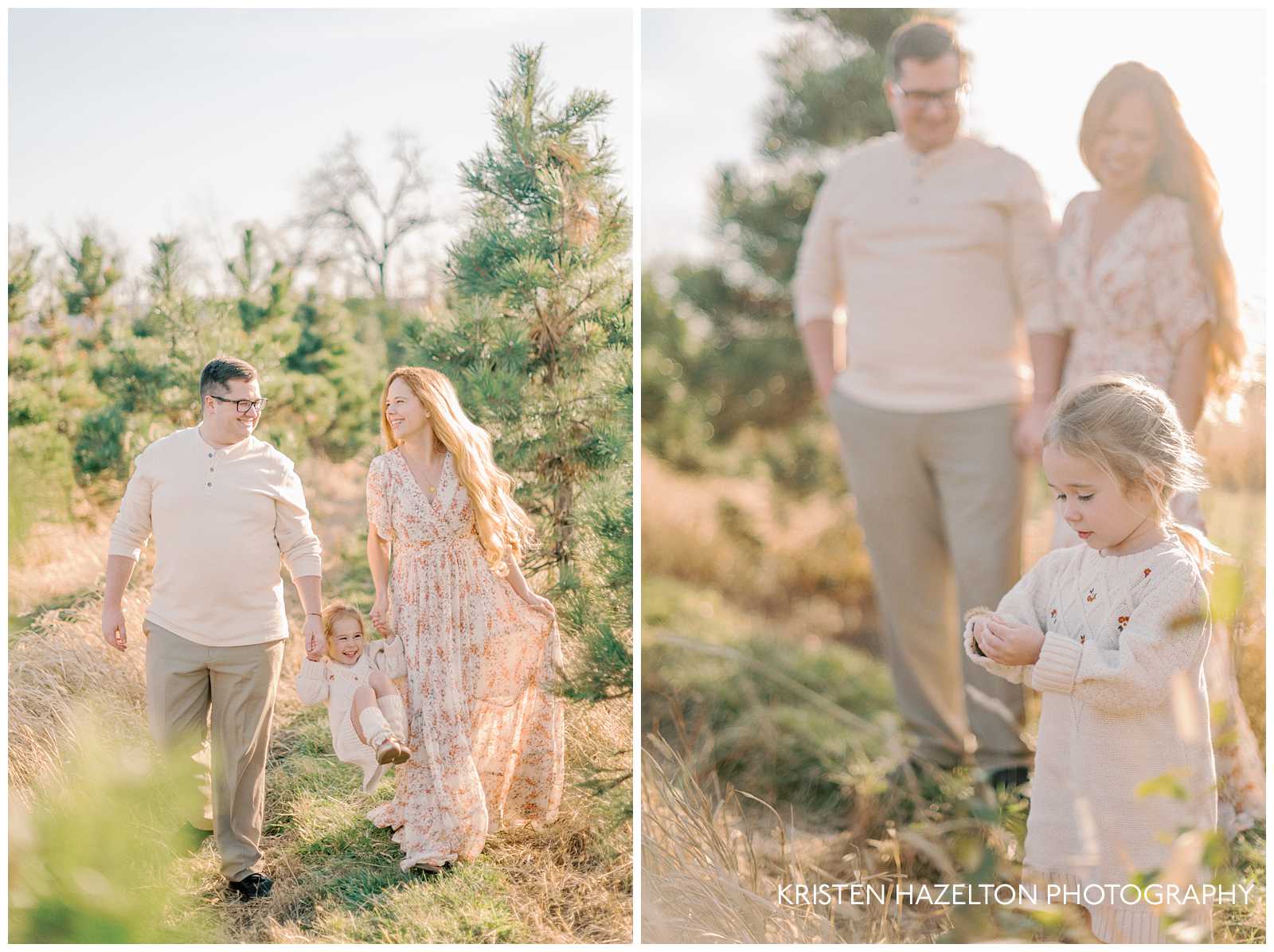 Family of three walking through rows of trees at their Christmas tree farm photos in Chicagoland by Kristen Hazelton