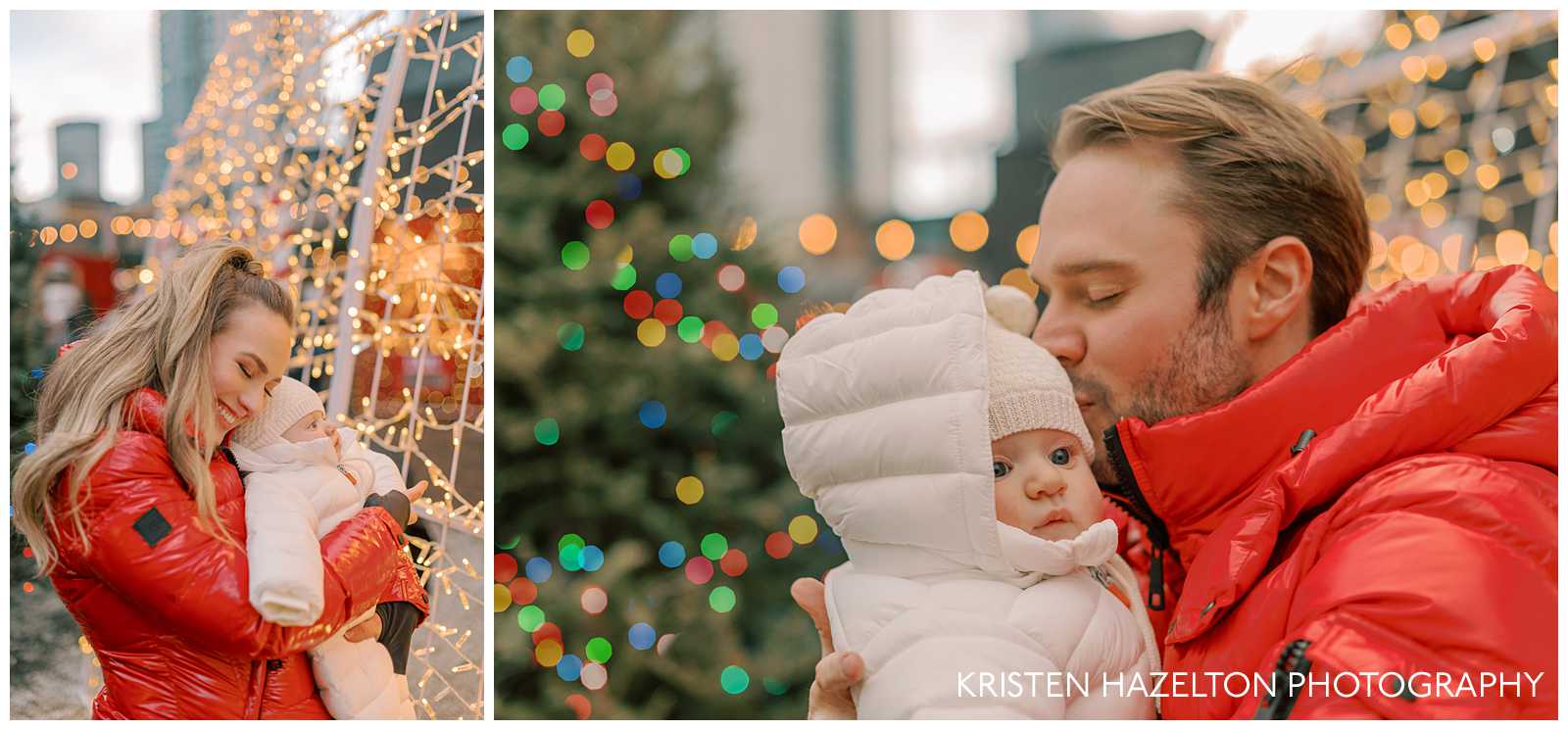 Mom and Dad snuggling with their baby son at the Jack Frost Christmas pop up in Chicago's Fulton Market district. 