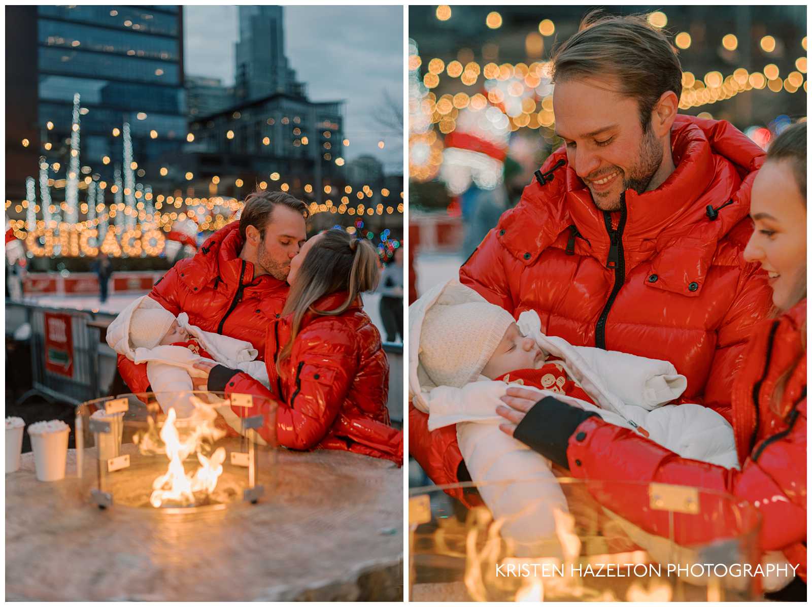 Mom and Dad in red jackets holding their sleeping baby by the firepit at the Jack Frost Christmas Pop Up in Fulton Market